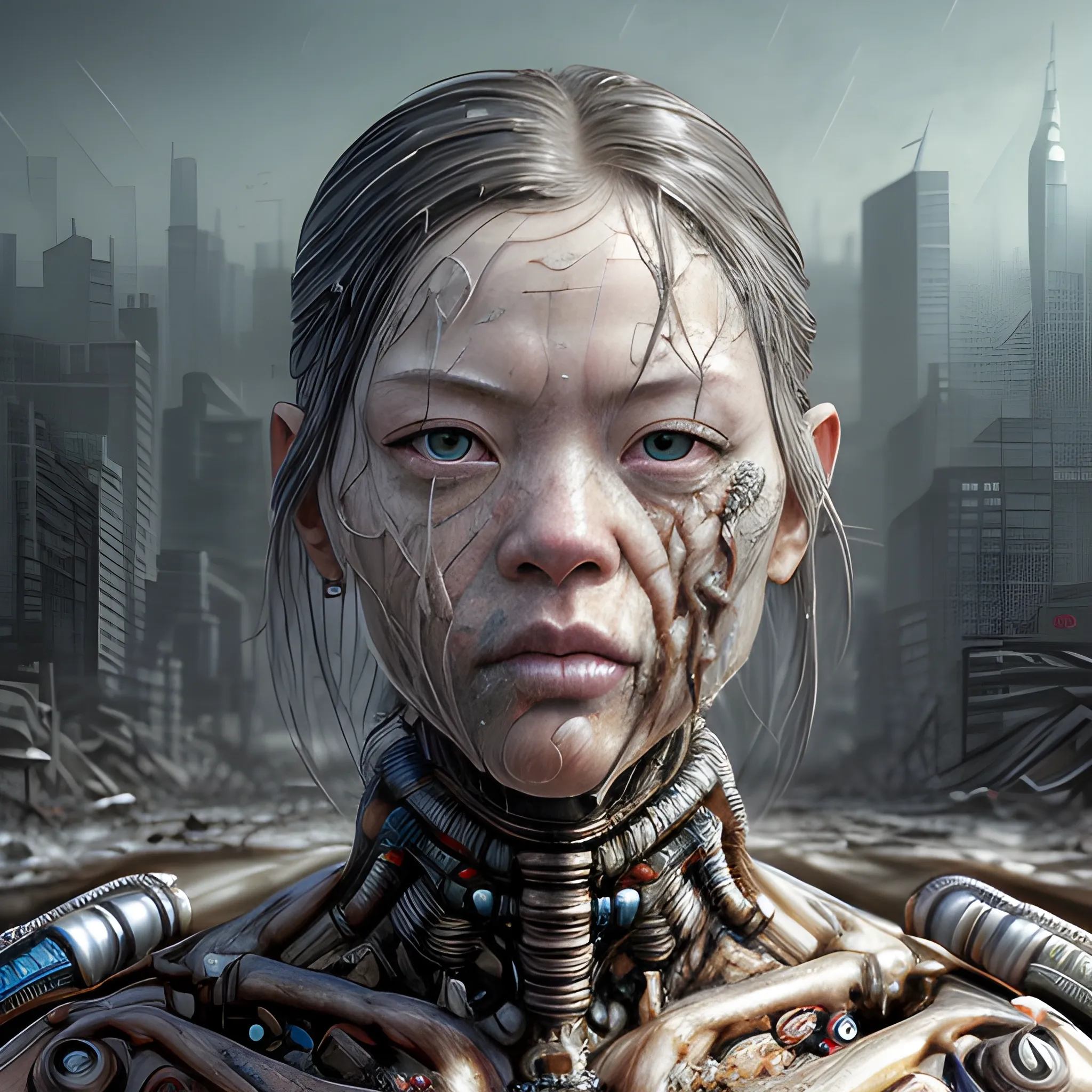 Realistic whole body photo using Manabu ikeda art style of an crystals embedded and aged and half-human half-dog warrior-cyborg posing on a wet asphalt in apocalyptic landscape, hyper realistic, sharpen details, detailed skin, red sharpen eyes, cinematic, intricate details, (gorgeous face:1. 2), masterpiece, post-apocalypticpunk, dystopian, microscopic, high quality, detailed, masterpiece, best quality, highres, extremely detailed, (8k), (waist up),