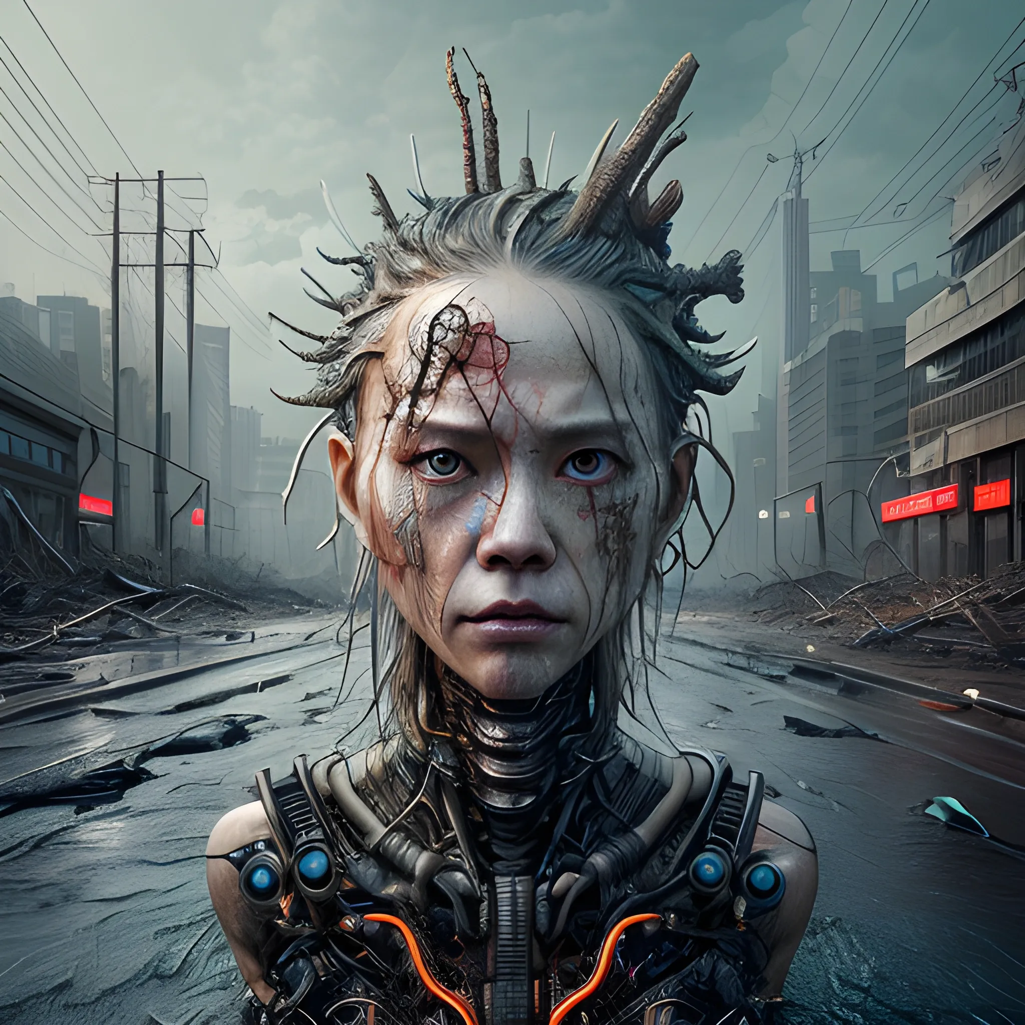 Realistic whole body photo using Manabu ikeda art style of electric wires embedded and aged and half-female half-dragon warrior-cyborg posing on a wet asphalt in apocalyptic landscape, hyper realistic, sharpen details, detailed skin, red sharpen eyes, cinematic, intricate details, (gorgeous face:1. 2), masterpiece, wide angle, post-apocalypticpunk, dystopian, microscopic, high quality, detailed, masterpiece, best quality, highres, extremely detailed, (8k),