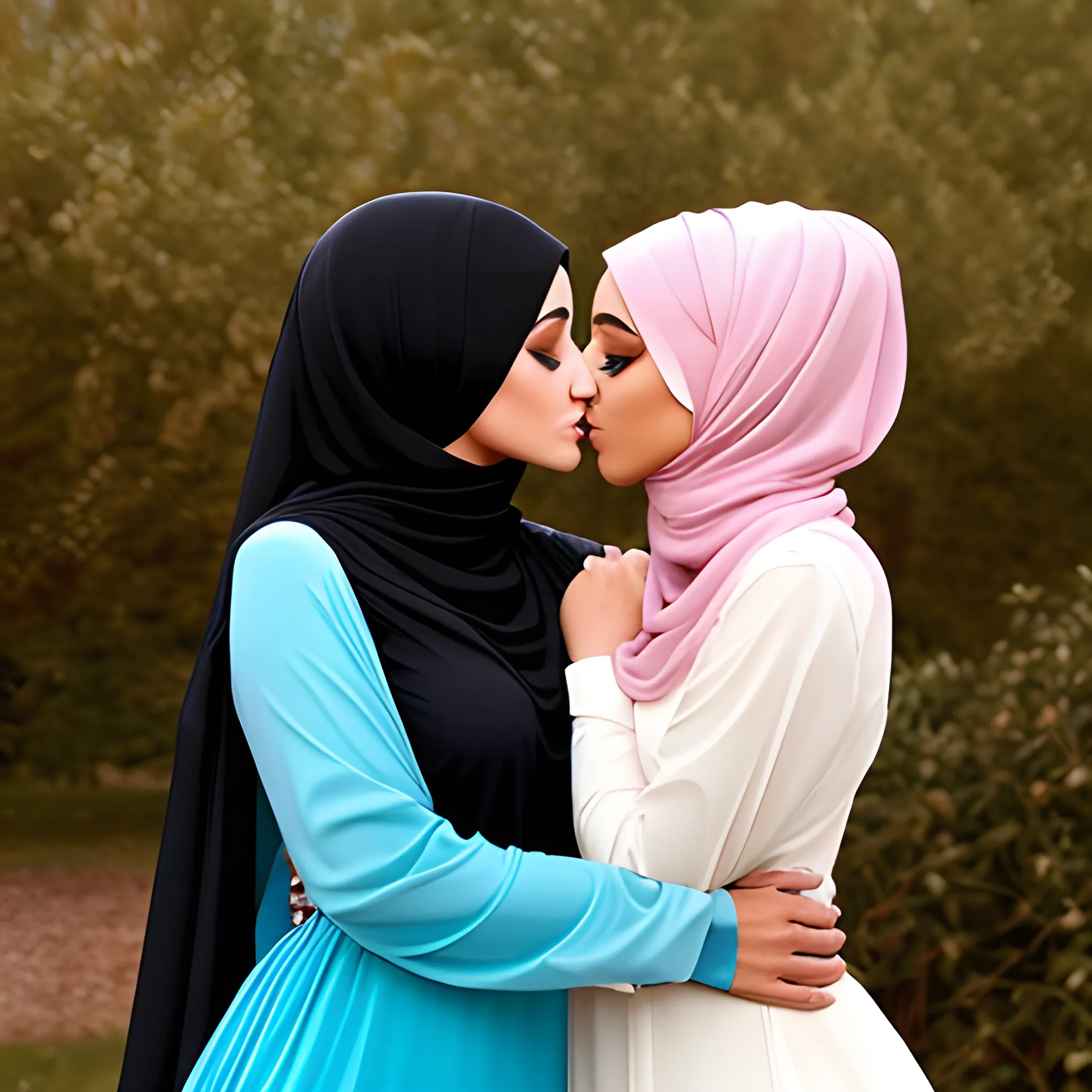 two hijabi models in a nice dress kissing eachothers 