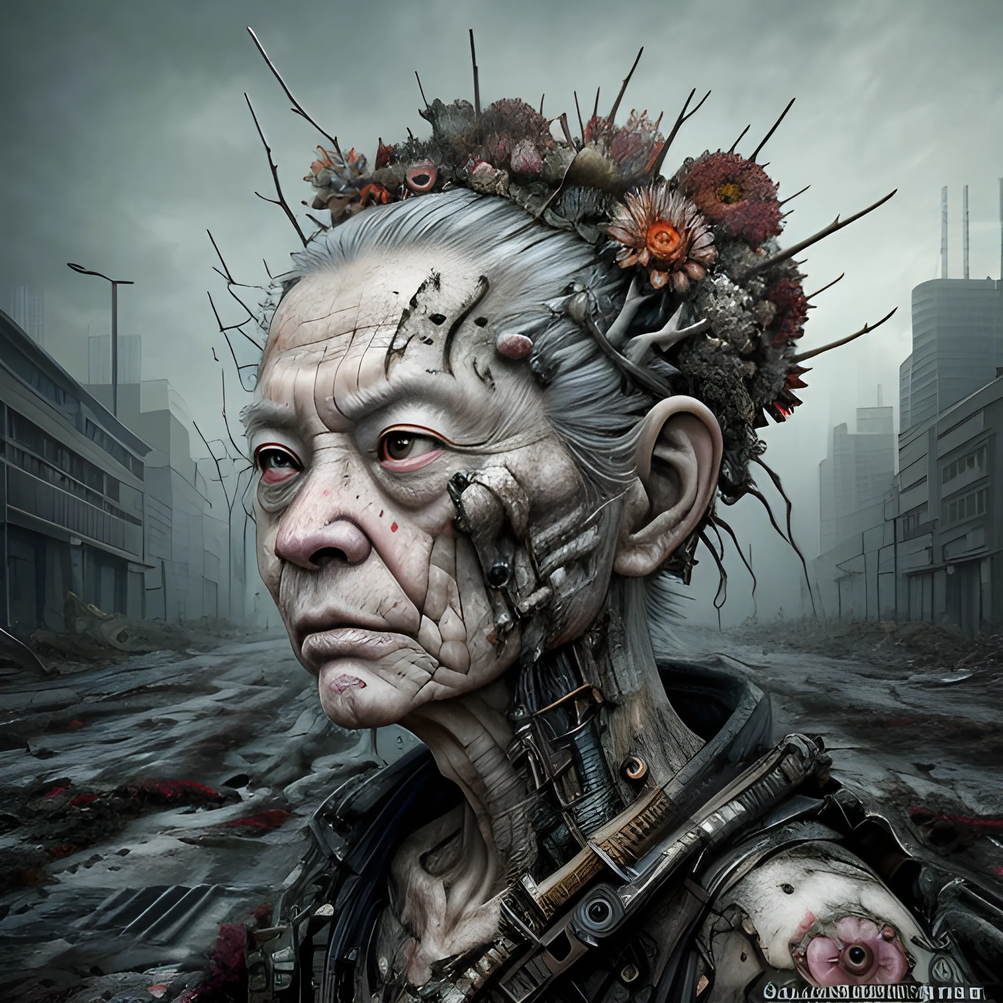 Realistic whole body photo using Manabu ikeda art style of an aged and half-female half-dragon warrior-cyborg posing on a wet asphalt in apocalyptic landscape. The camera angle is a wide. Hyper realistic, sharpen details, detailed skin, red sharpen eyes, cinematic, intricate details, (gorgeous face:1. 2), masterpiece, wide angle, post-apocalypticpunk, dystopian, microscopic, high quality, detailed, masterpiece, best quality, highres, extremely detailed, (8k), (dead flowers).