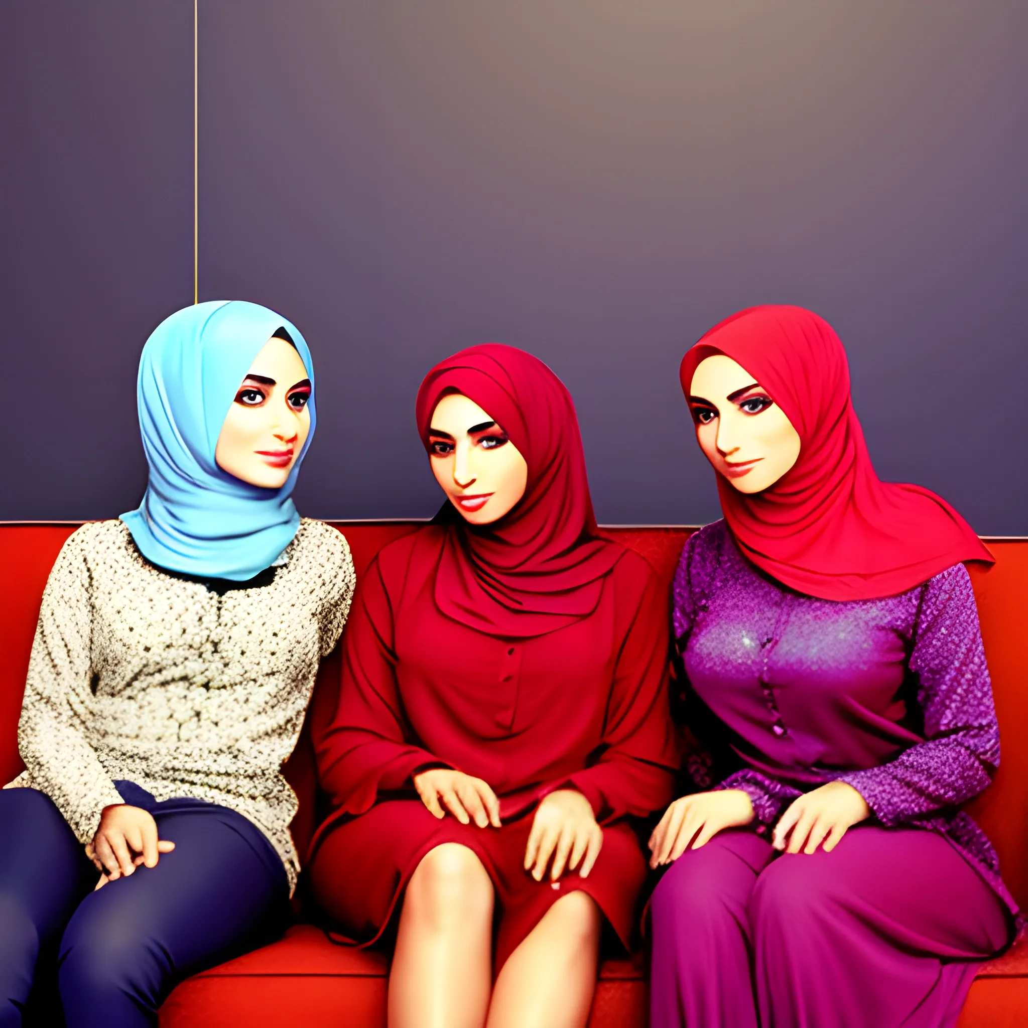 two hijabi models sitting on a sofa with a shy man between them