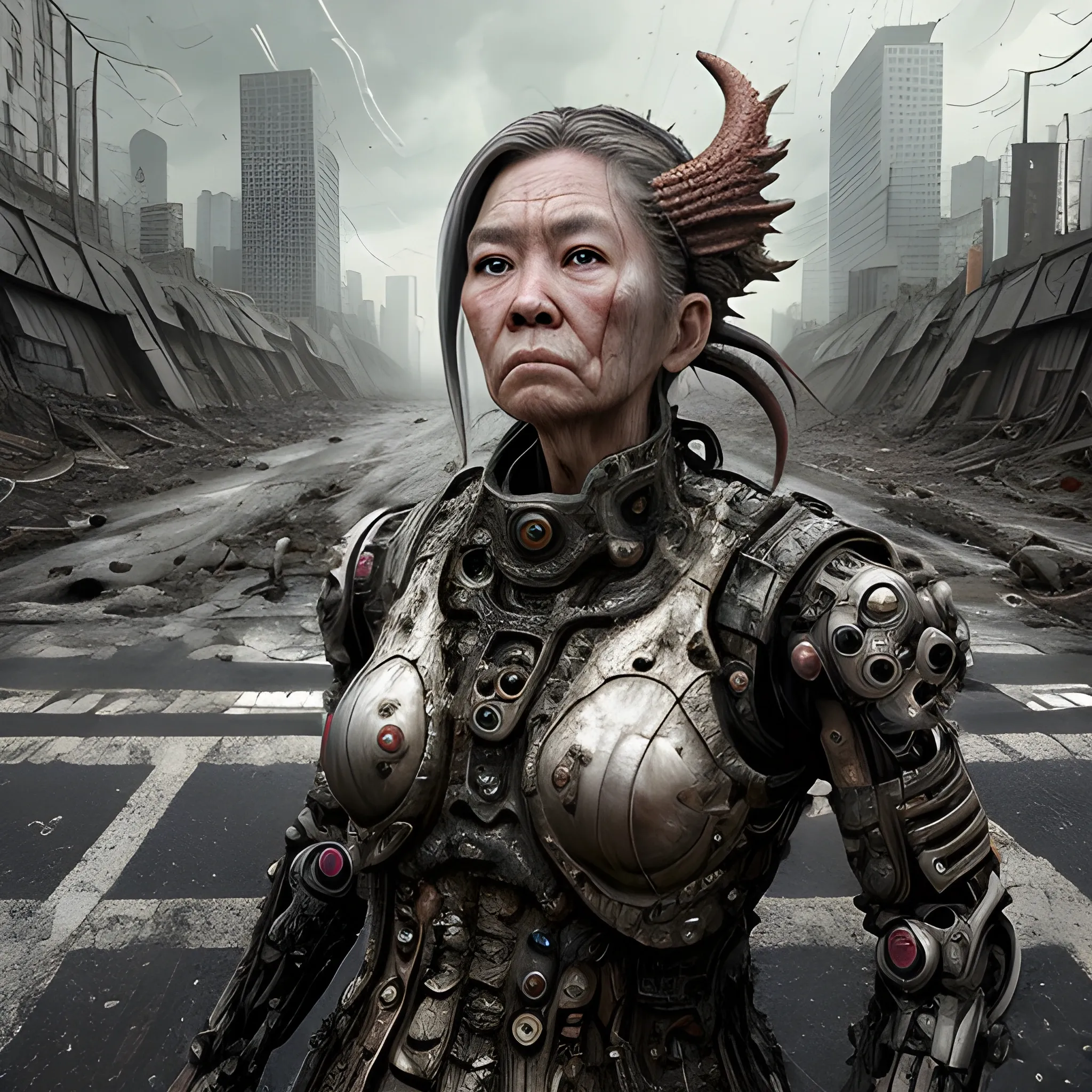 Realistic whole body photo using Manabu ikeda art style of an aged and half-female half-dragon warrior-cyborg posing on a wet asphalt in apocalyptic landscape. The camera angle is a wide. Hyper realistic, sharpen details, detailed skin, red sharpen eyes, cinematic, intricate details, (gorgeous face:1. 2), masterpiece, wide angle, post-apocalypticpunk, dystopian, microscopic, high quality, detailed, masterpiece, best quality, highres, extremely detailed, (8k), (television screen).