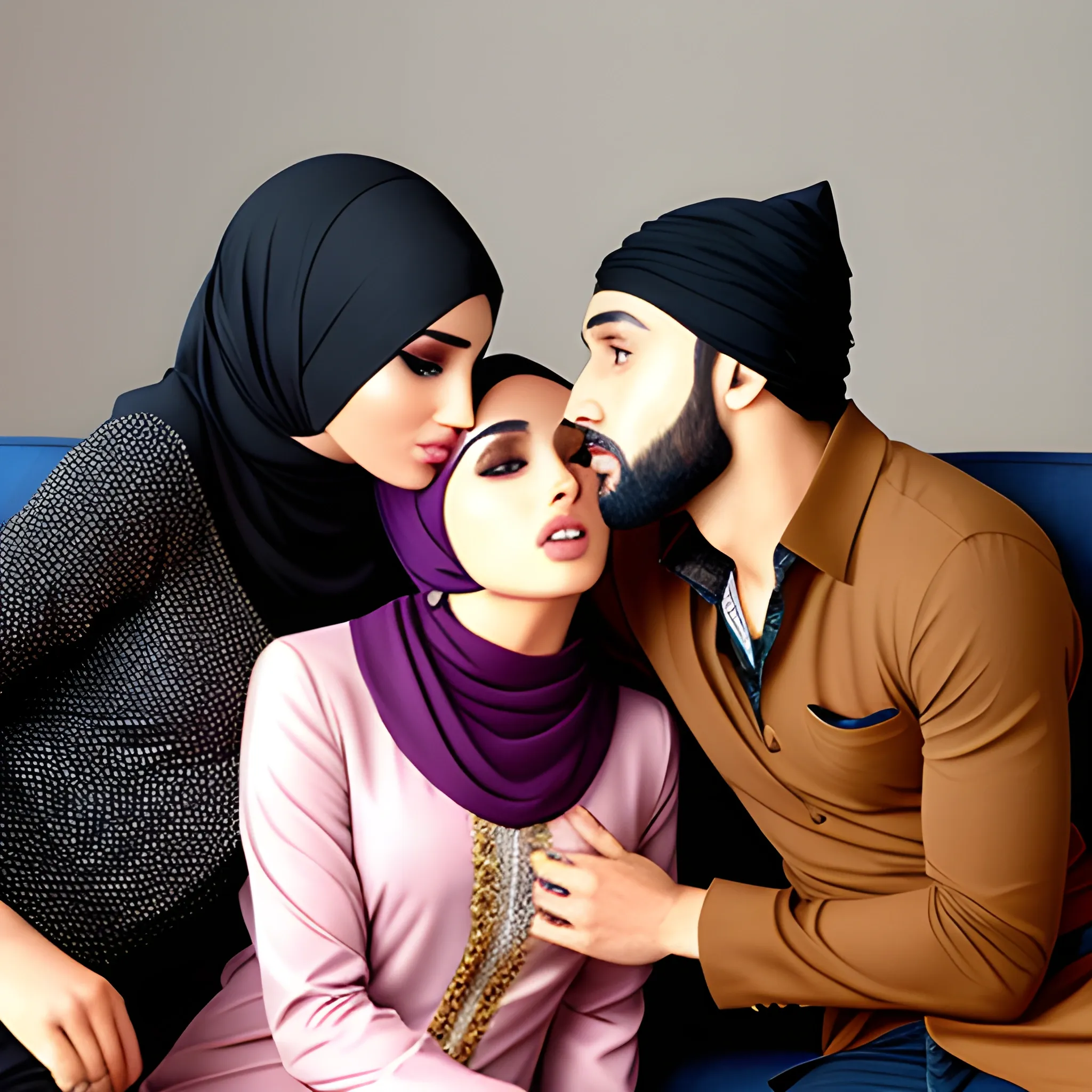 two hot hijabi models sitting on a sofa with a handsome man between them, one model kissing the man