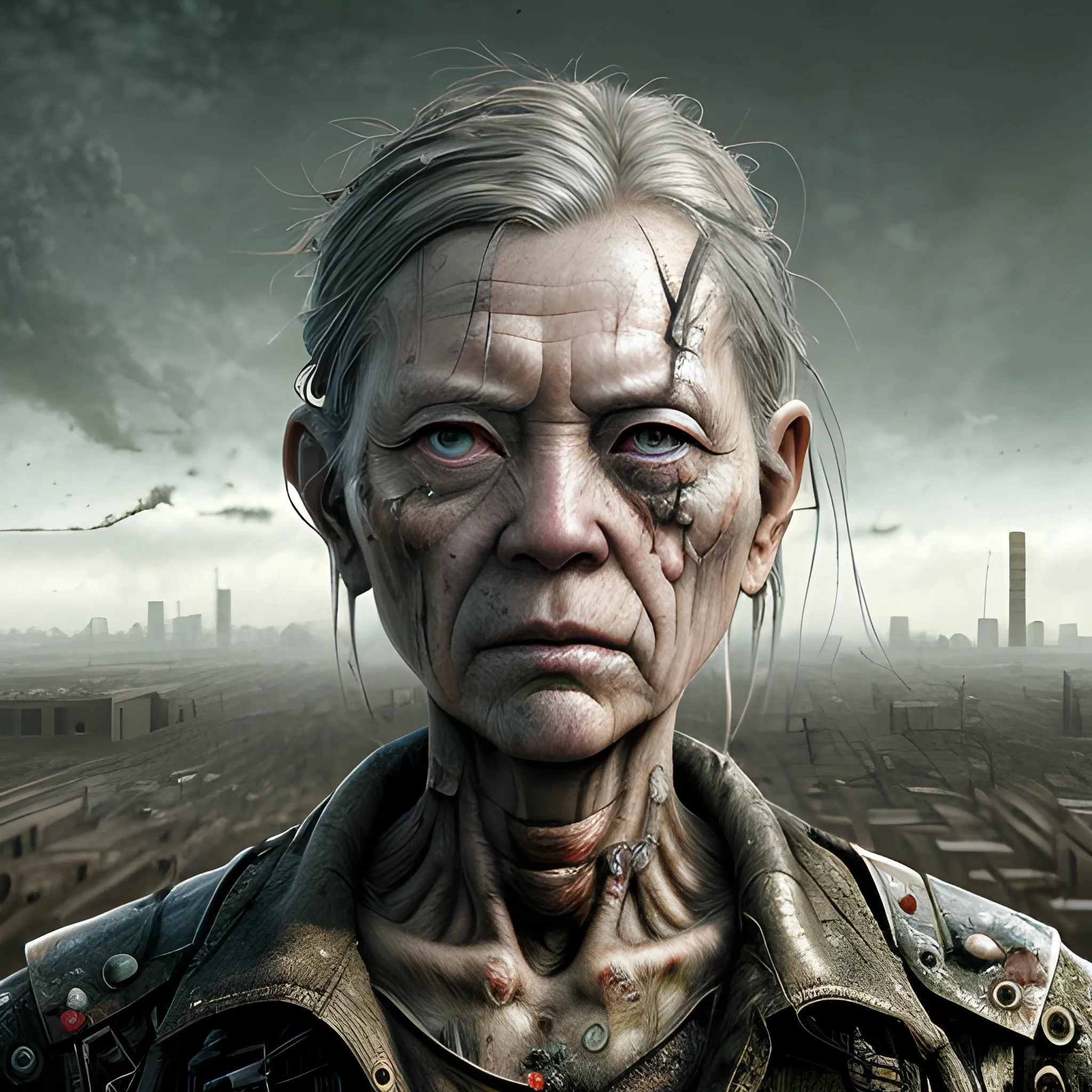 Realistic whole body photo using Manabu ikeda art style of an aged and half-female half-television warrior-cyborg posing on a wet asphalt in apocalyptic landscape. The camera angle is a wide. Hyper realistic, sharpen details, detailed skin, red sharpen eyes, cinematic, intricate details, (gorgeous face:1. 2), masterpiece, wide angle, post-apocalypticpunk, dystopian, microscopic, high quality, detailed, masterpiece, best quality, highres, extremely detailed, (8k), (dead crt-screens).