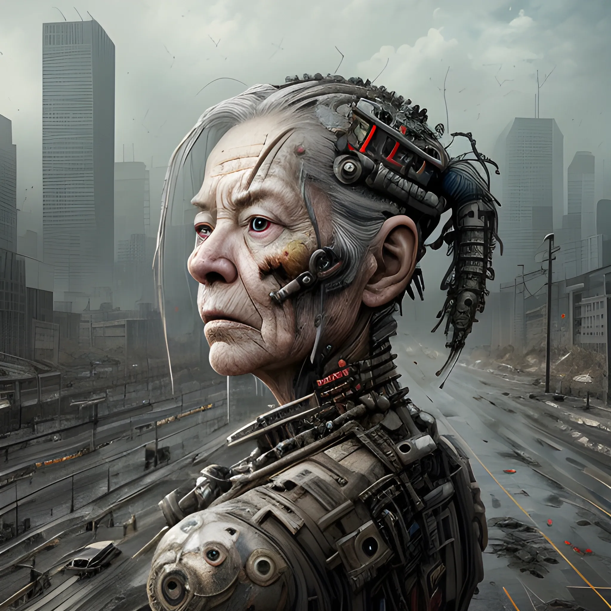 Realistic whole body photo using Manabu ikeda art style of an aged and half-female half-digital warrior-cyborg posing on a wet asphalt in apocalyptic landscape. The camera angle is a wide. Hyper realistic, sharpen details, detailed skin, red sharpen eyes, cinematic, intricate details, (gorgeous face:1. 2), masterpiece, wide angle, post-apocalypticpunk, dystopian, microscopic, high quality, detailed, masterpiece, best quality, highres, extremely detailed, (8k),