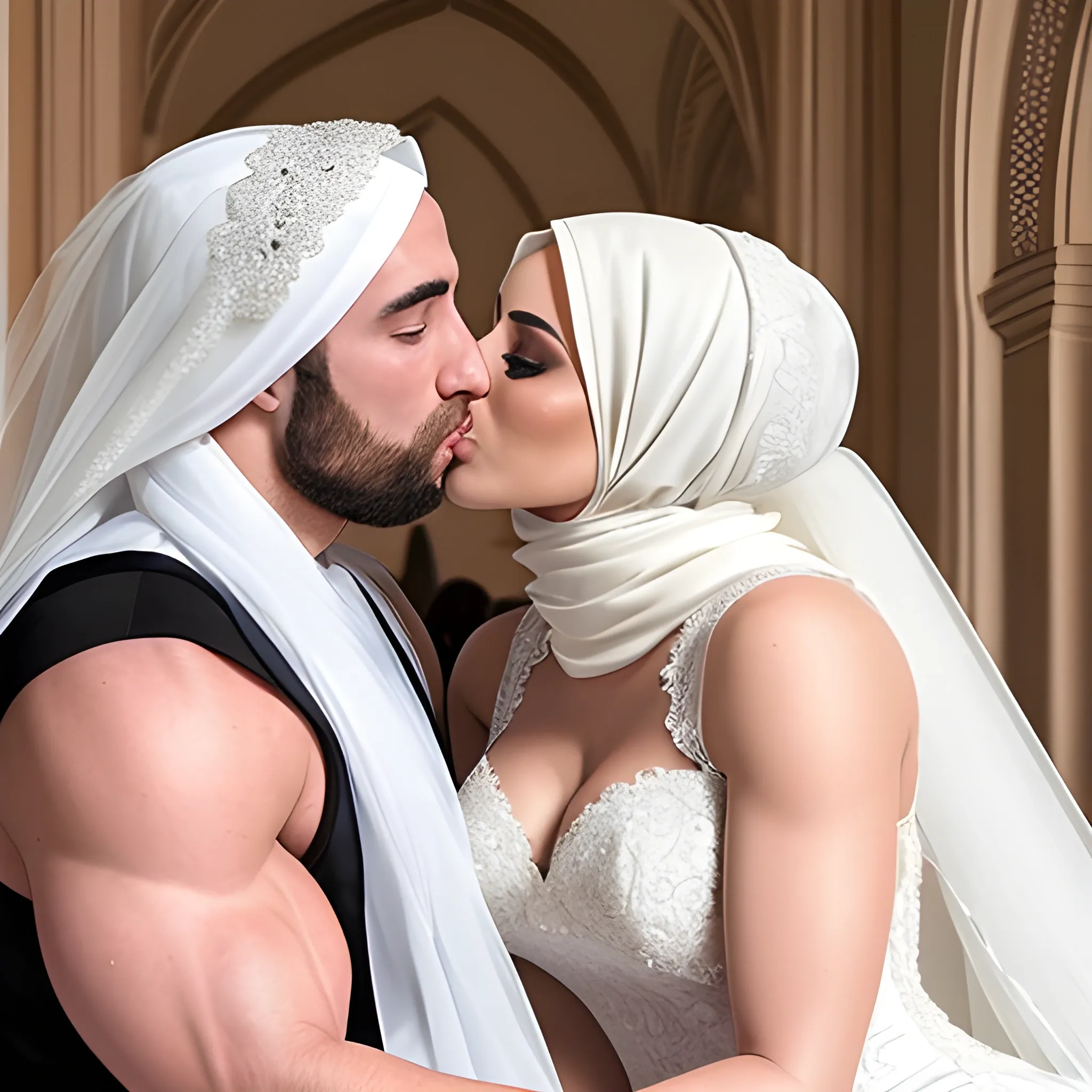 a hijabi bride in a sexy bridal dress sitting next to a white European man and kissing another  muscular white man