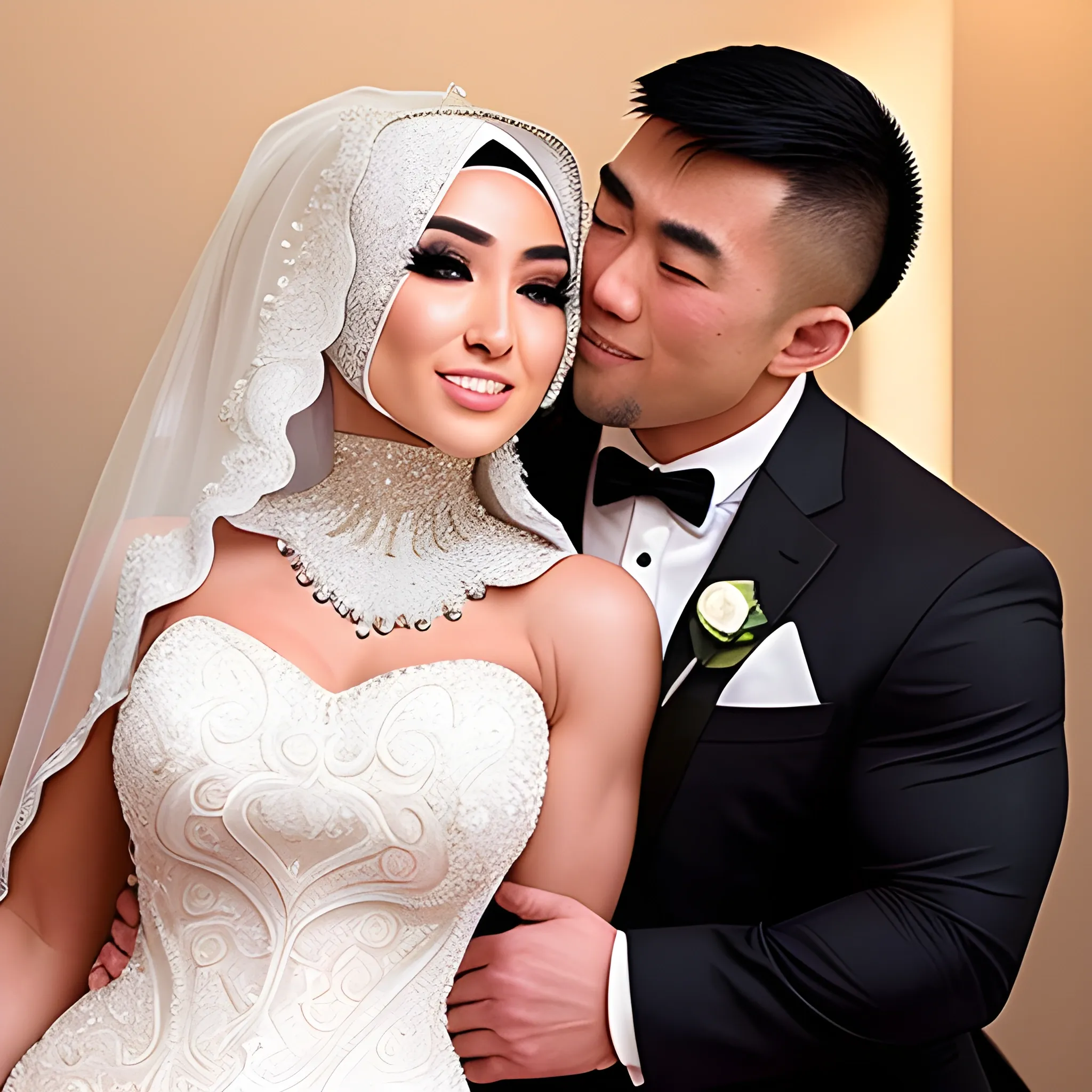 a hijabi bride in a sexy bridal dress kissing a muscular Asian man