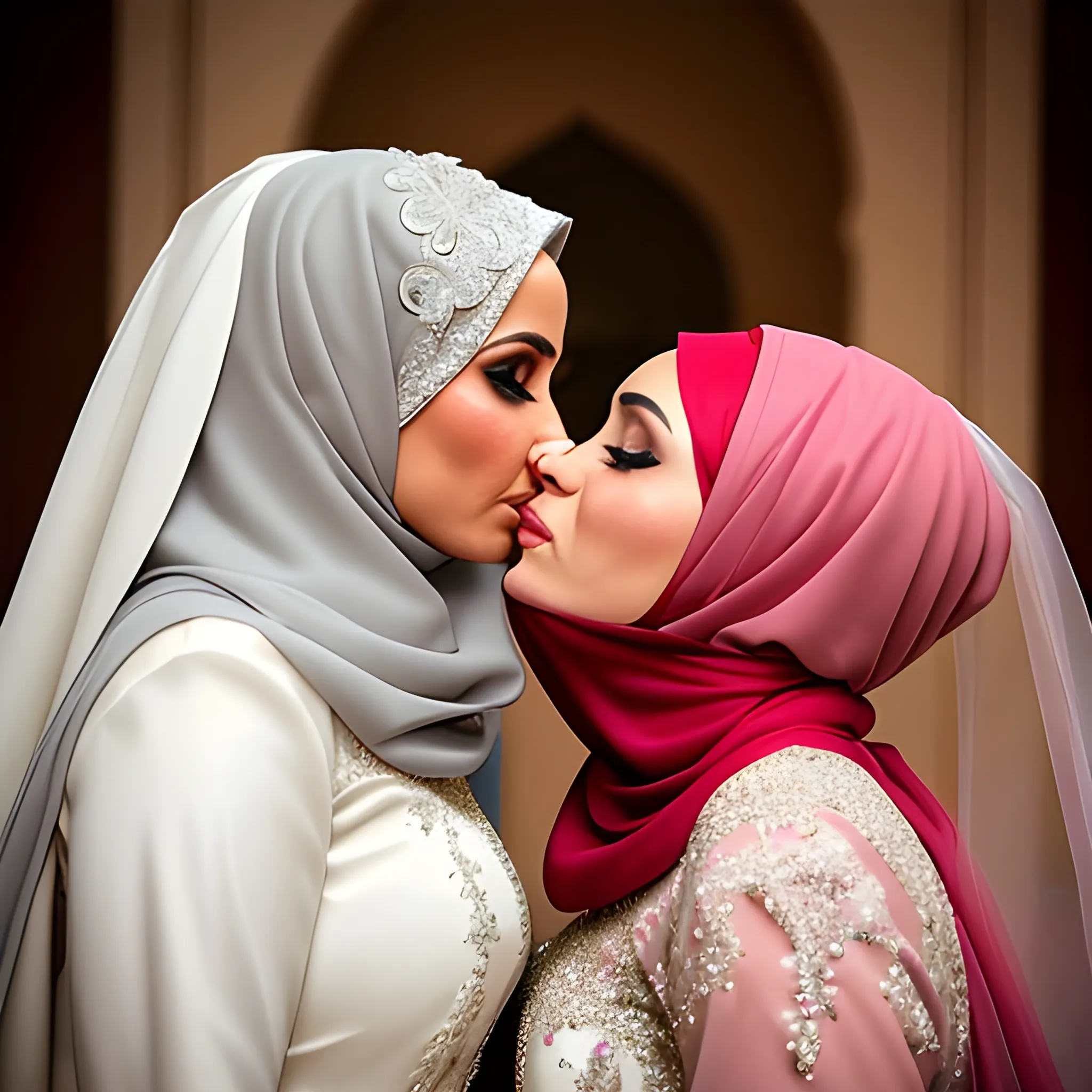 a hijabi bride in a modest bridal dress kissing another hijabi woman