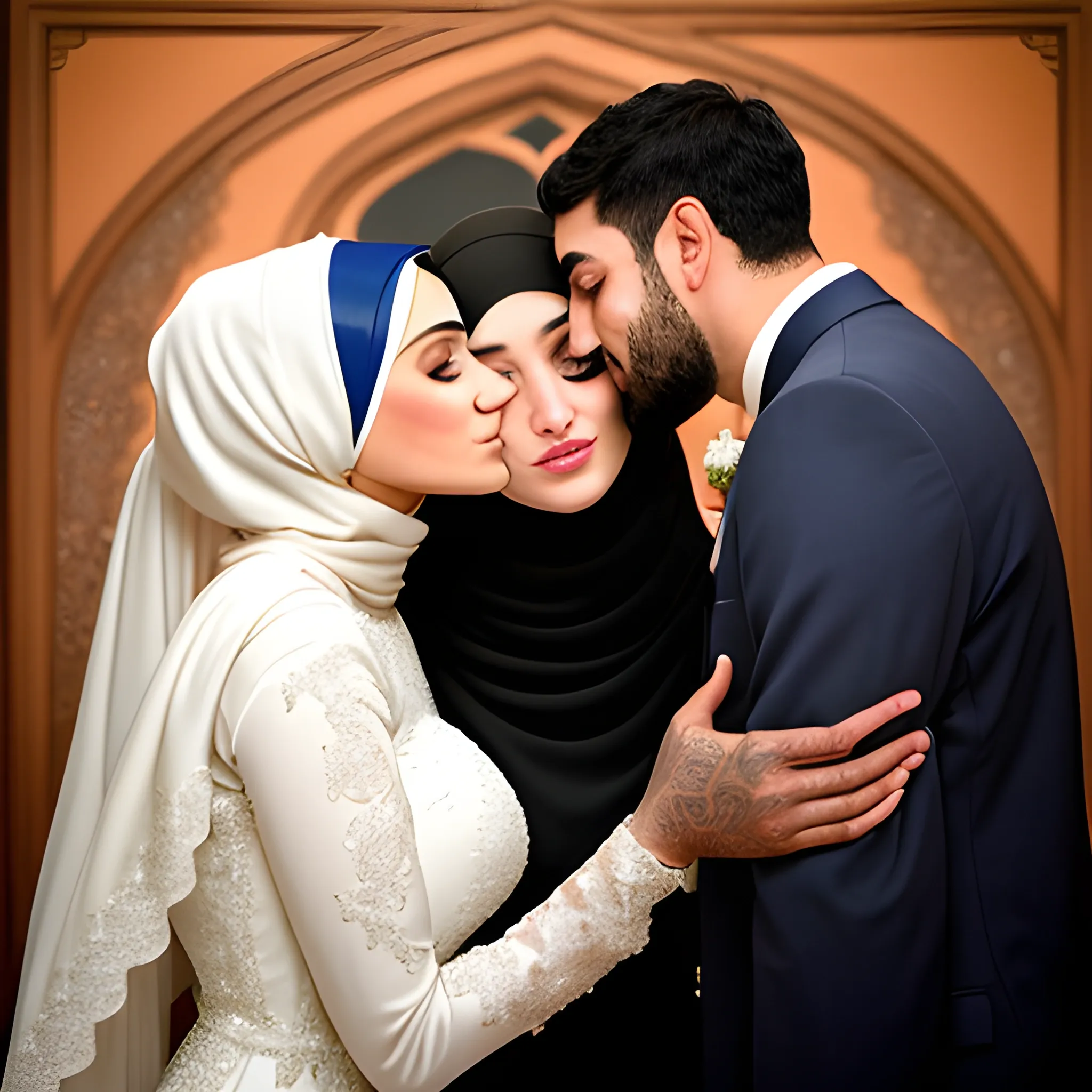 two hijabi brides in a modest bridal dress kissing the groom man