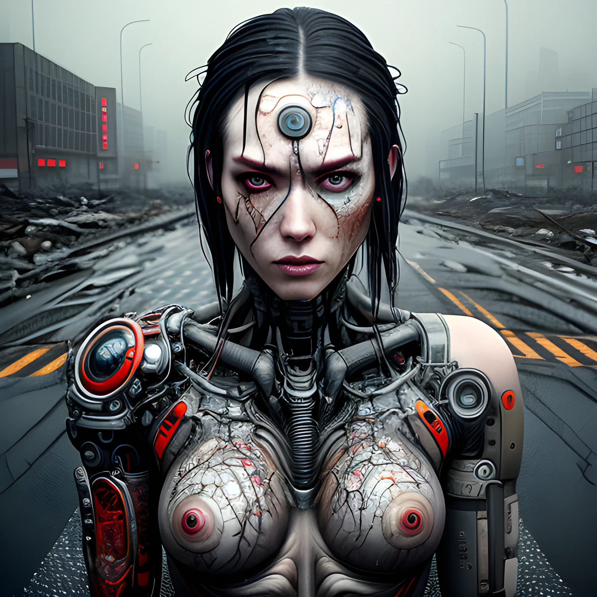 Realistic whole body photo using Manabu ikeda art style of a half-baby half-cyborg posing on a wet asphalt in apocalyptic landscape. The camera angle is a wide. Hyper realistic, sharpen details, detailed skin, red sharpen eyes, cinematic, intricate details, (gorgeous face:1. 2), masterpiece, wide angle, post-apocalypticpunk, dystopian, microscopic, high quality, detailed, masterpiece, best quality, highres, extremely detailed, (8k),