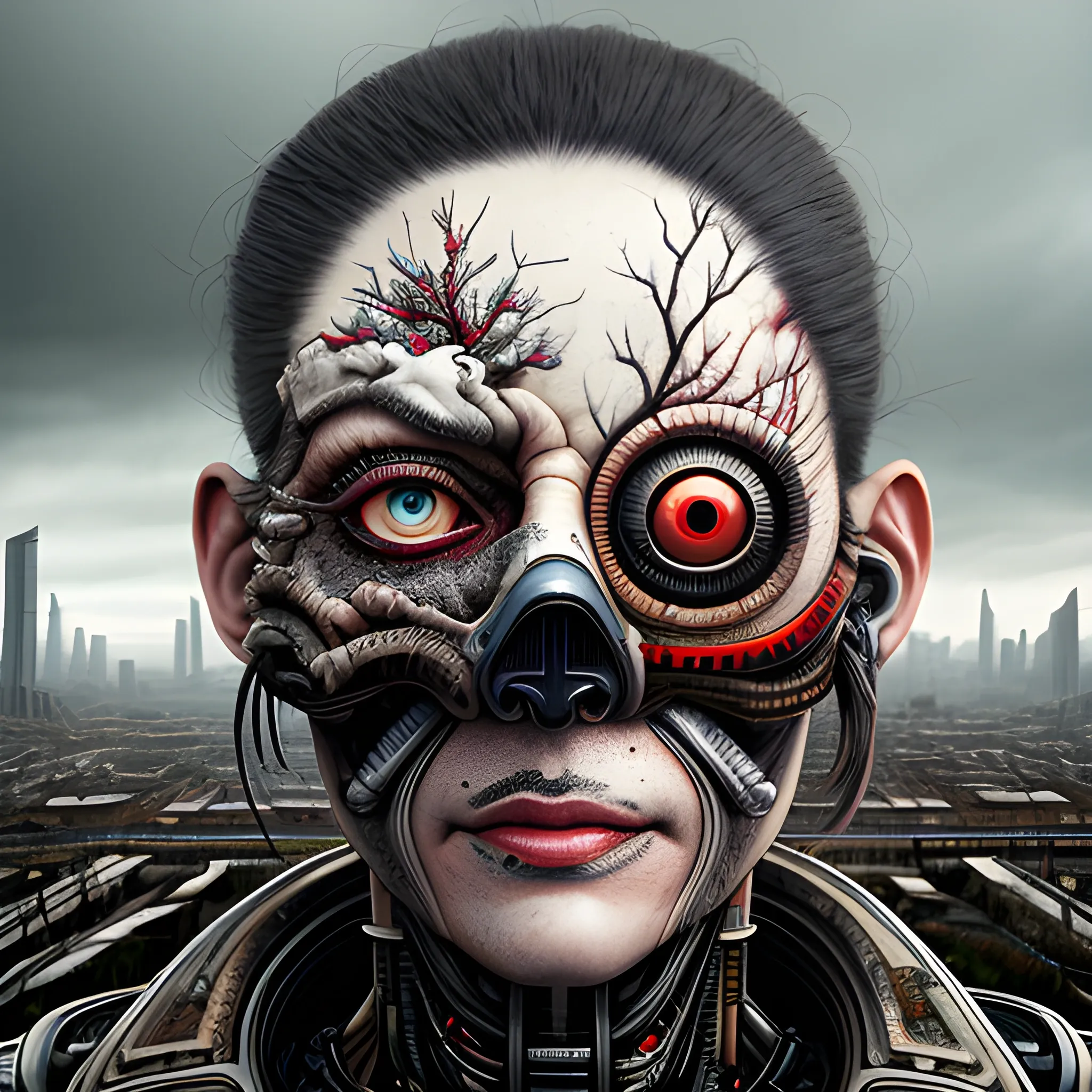 Realistic whole body photo using Manabu ikeda art style of a half-mimic half-cyborg posing on a old playground in apocalyptic landscape. The camera angle is a wide. Hyper realistic, sharpen details, detailed skin, red sharpen eyes, cinematic, intricate details, (gorgeous face:1. 2), masterpiece, wide angle, post-apocalypticpunk, dystopian, microscopic, high quality, detailed, masterpiece, best quality, highres, extremely detailed, (8k),