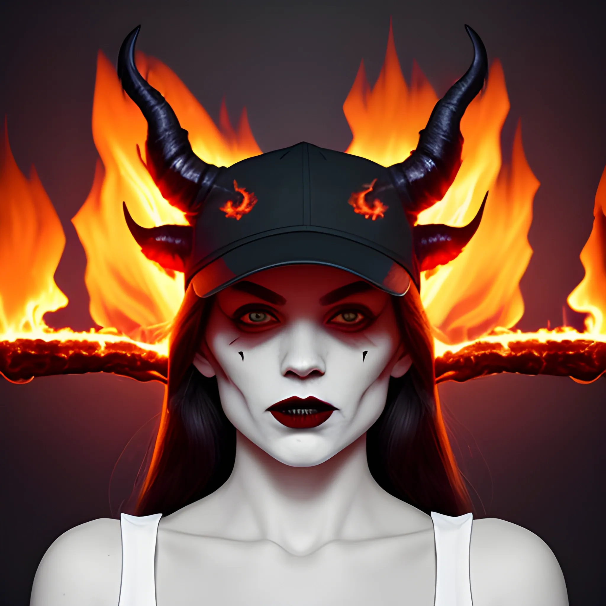 Create a cap that has devil horns and facial features, with flames emerging from the top. This will make a direct connection to the infernal theme.