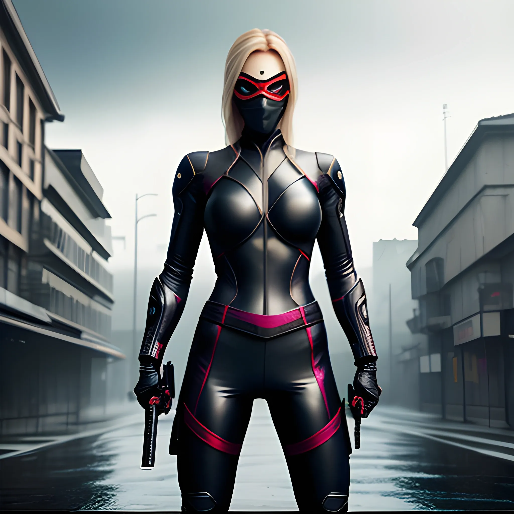 hyper realistic aesthetic beatiful blonde girl with combat pose, ninja suit with a mask, katana in the back, under the rain, hyper realistic environment, 3D