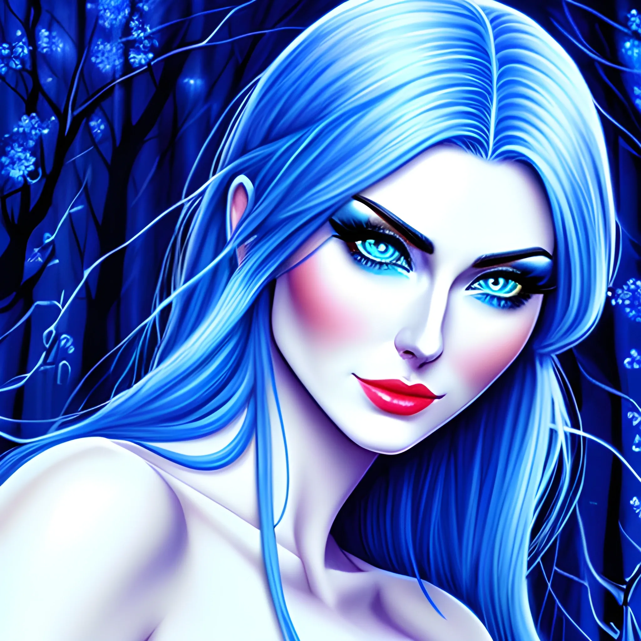 Beautiful girl with blue eyes, high detail, blue scene, hauntingly beautiful illustration