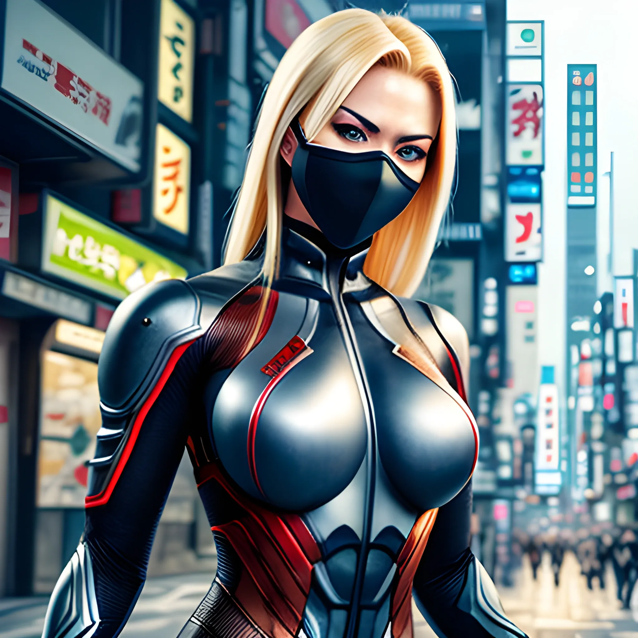 hyper realistic detailed blonde girl, with a dynamic pose, with a hyper realistic detailed ninja suit, with a mask, in a lonely futuristic japan city, 