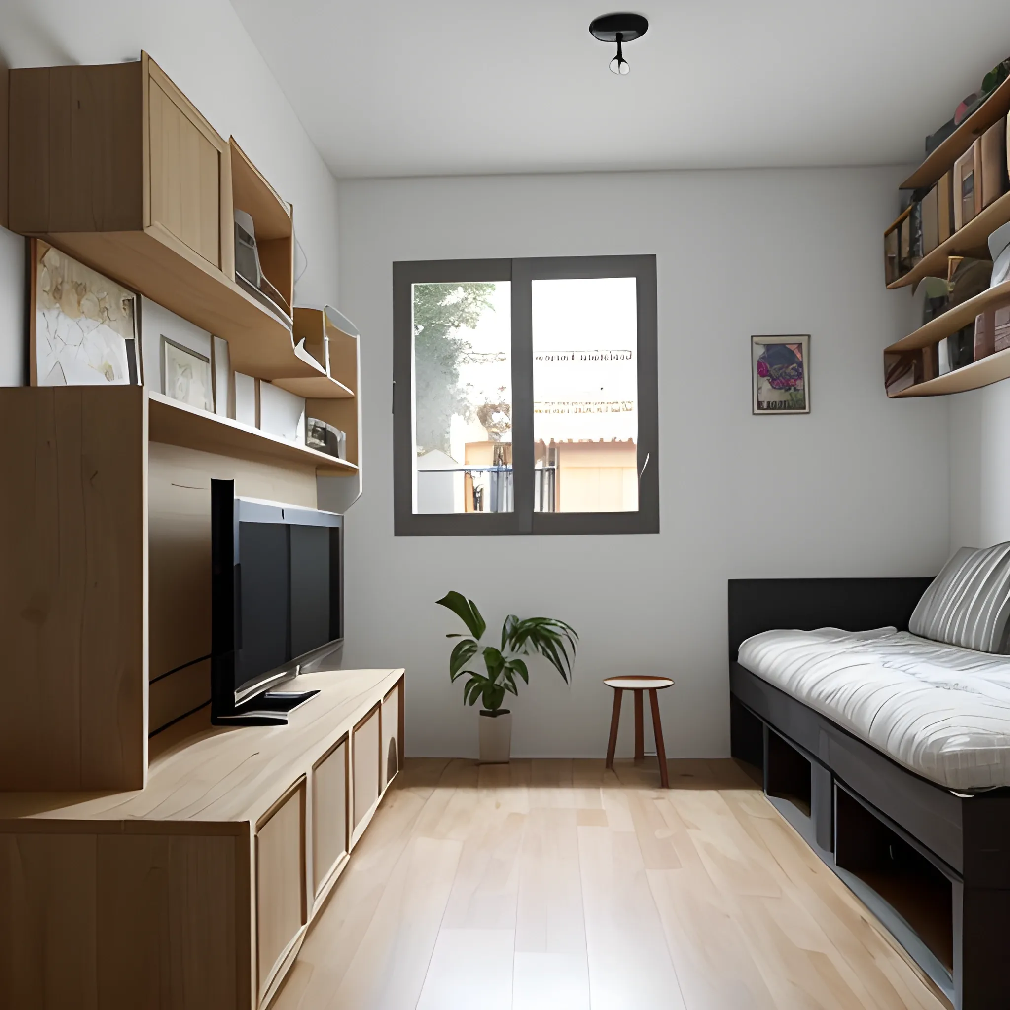 Mueble visto desde el costado,  conformado por tablones de  madera unidas. Altura de  tres pisos, los cuales estarán separado del otro, hacia el frente, como si fuera una escalera, pero manteniendo la forma de un mueble de exterior. En las tablas de cada base, habrán 2 o 3 maceteros sin plantas.
Dentro de un invernadero
