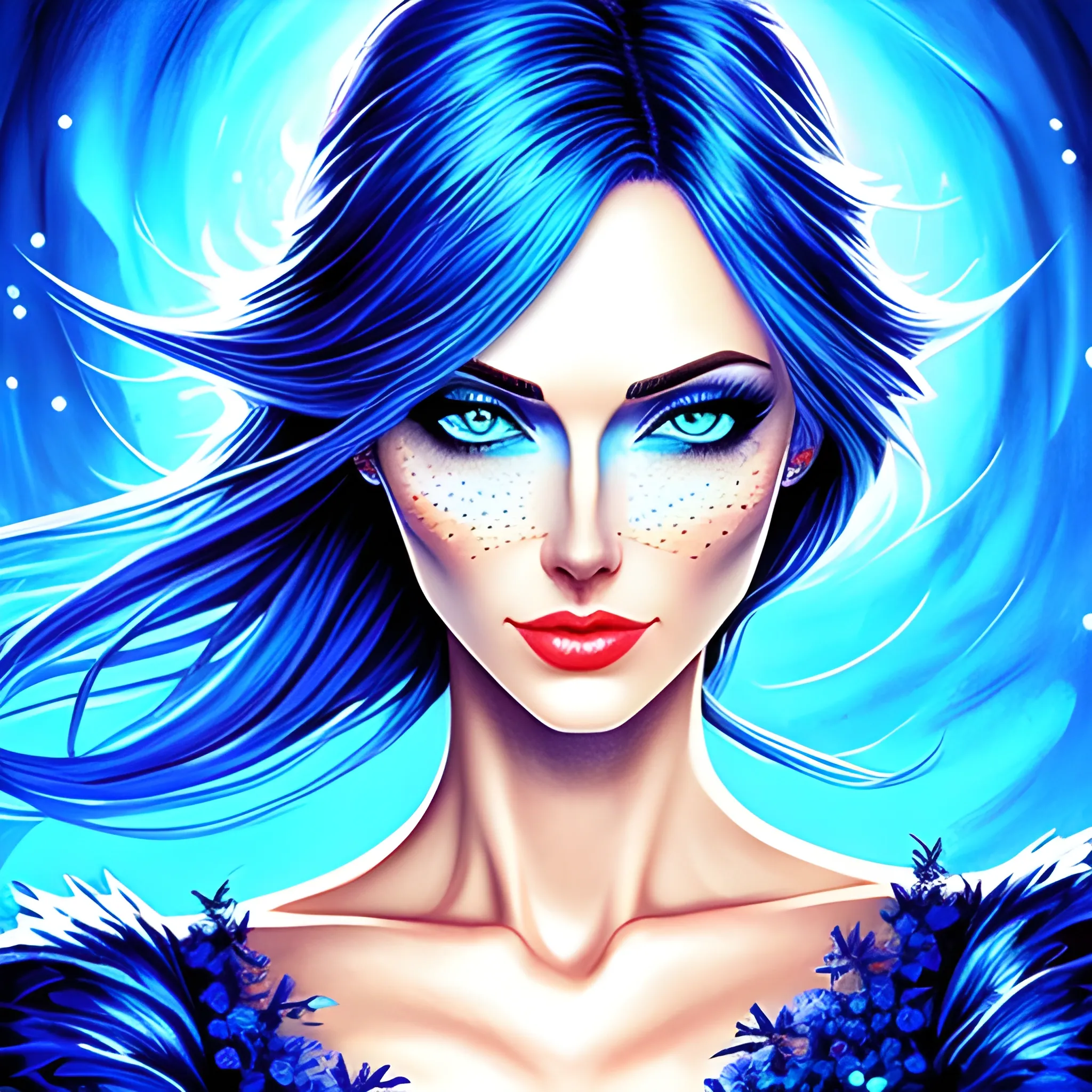 Beautiful girl with blue eyes, high detail, blue scene, hauntingly beautiful illustration