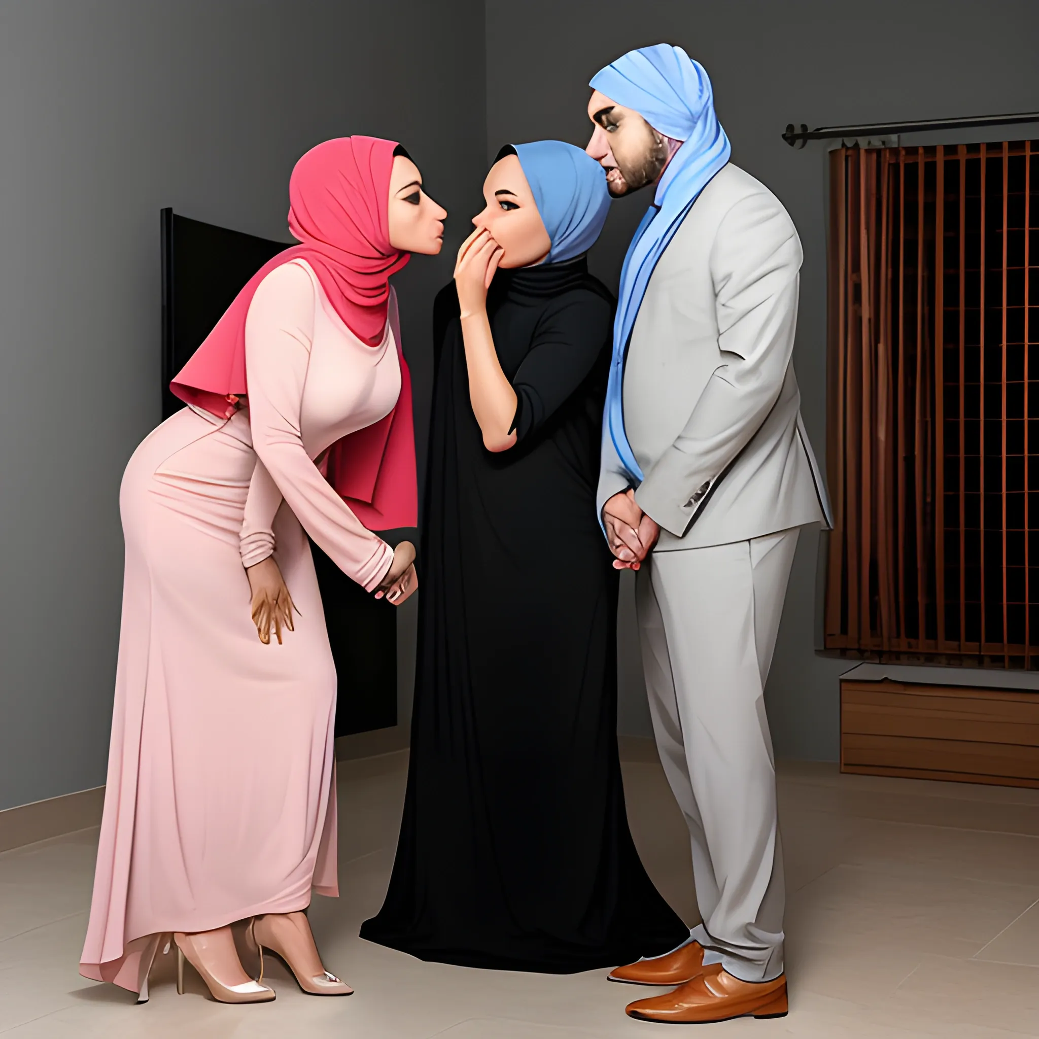 full body two hot hijabi wives kissing the husband