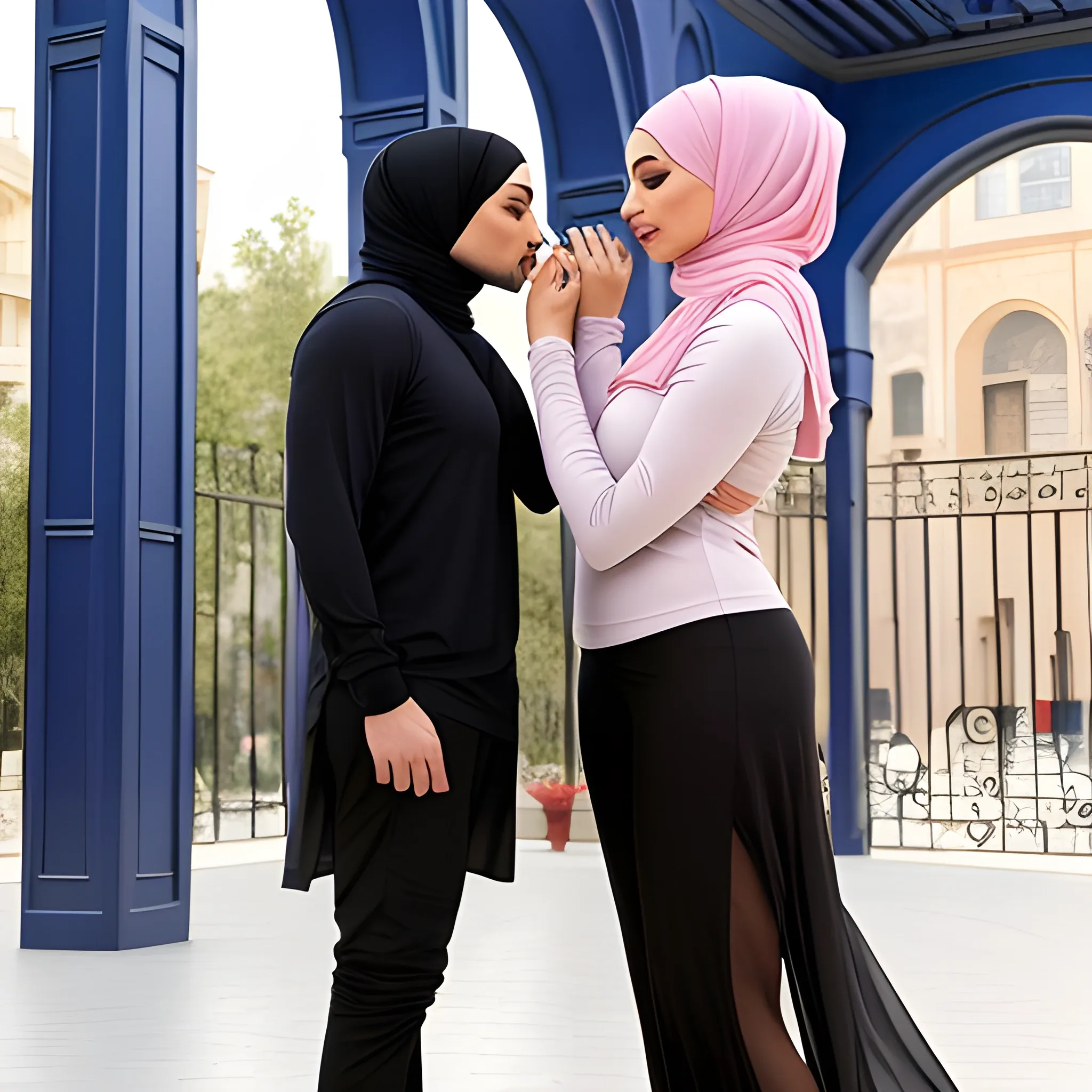 full body two hot hijabi models kissing an athletic european husband