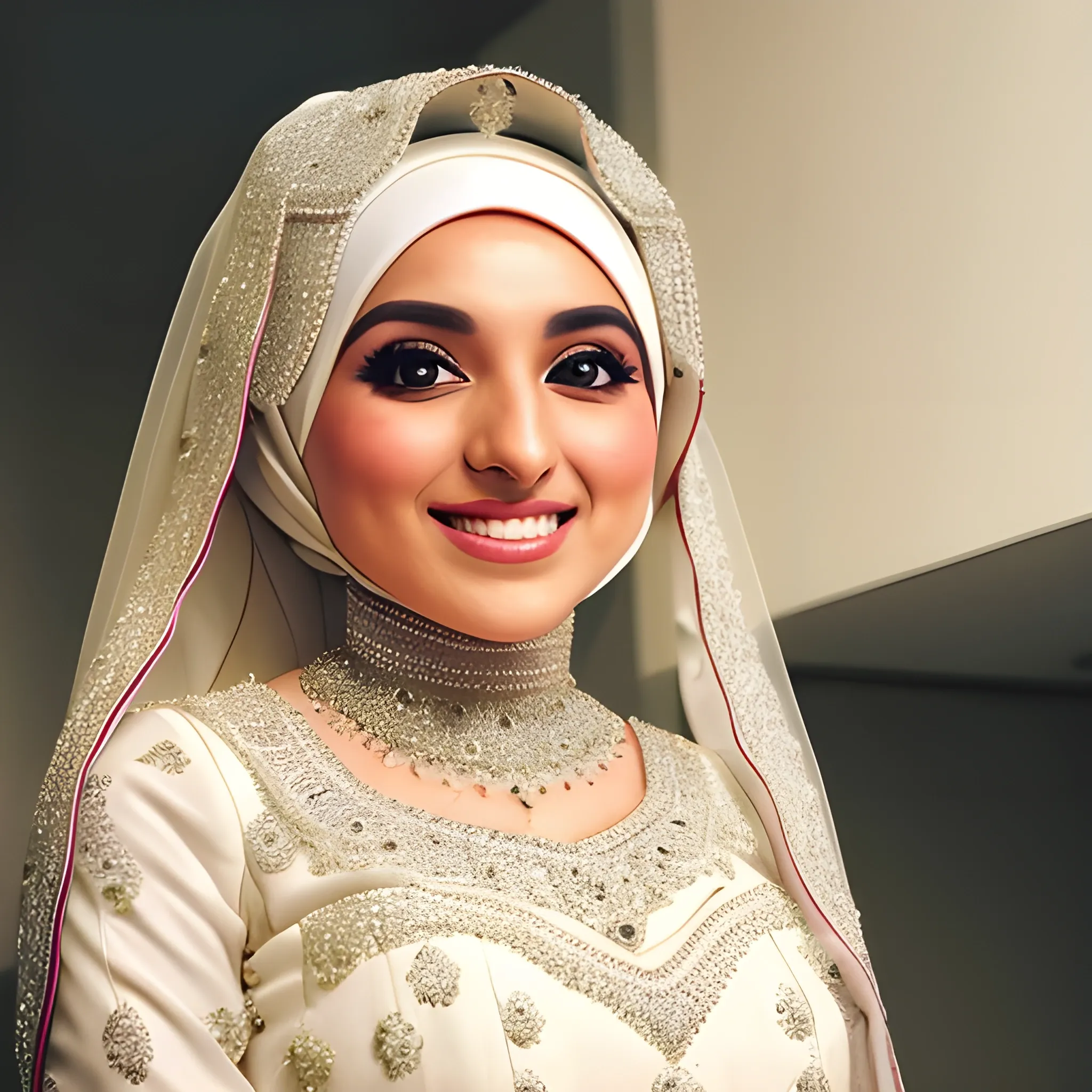 a cute hijabi bride in a pretty bridal dress smiling and posing for the camera