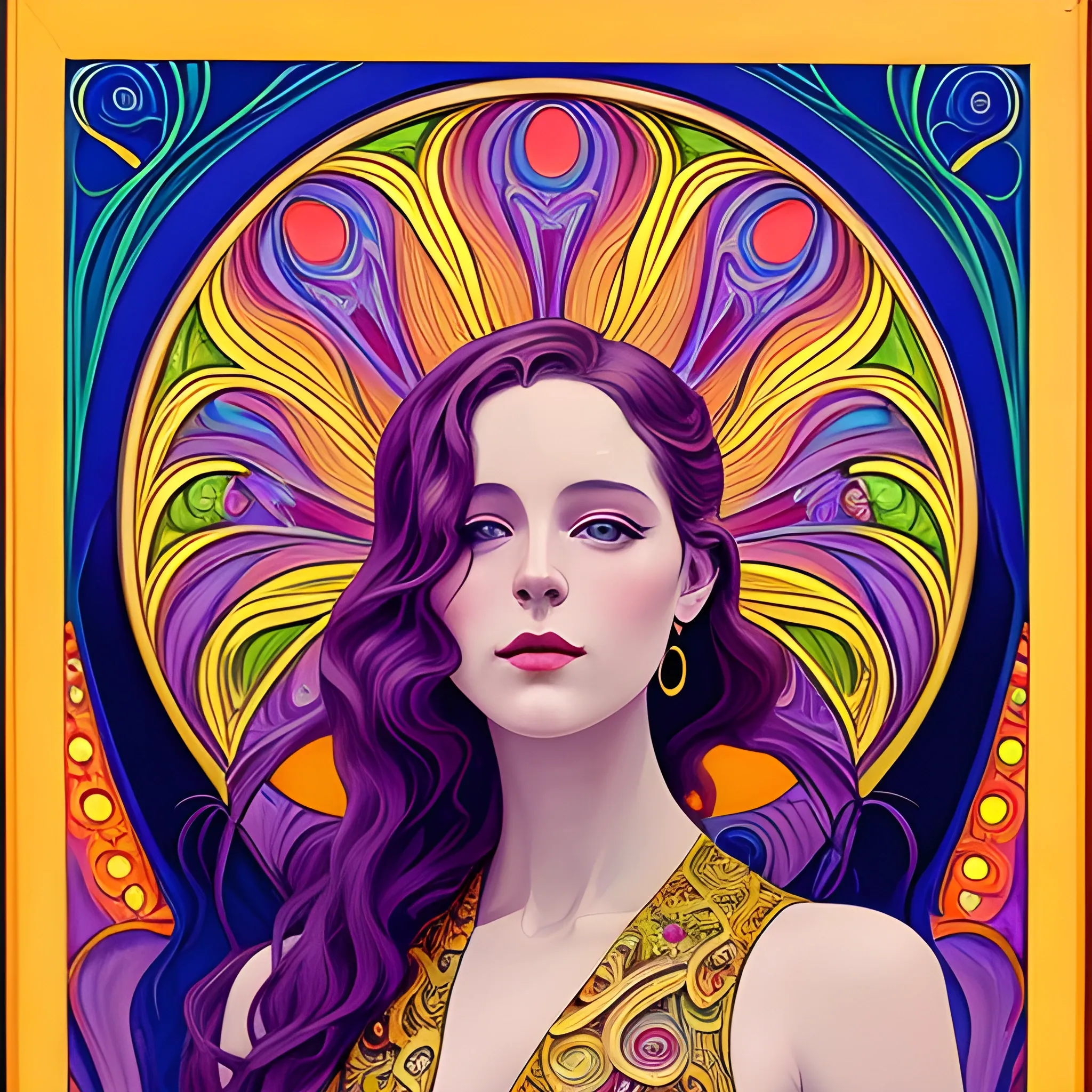 Art Nouveau painting, true aesthetics, stylish fashion shot of a beautiful woman posing in front of a psychedelic art nouveau style. Highly detailed, highest quality, Oil Painting