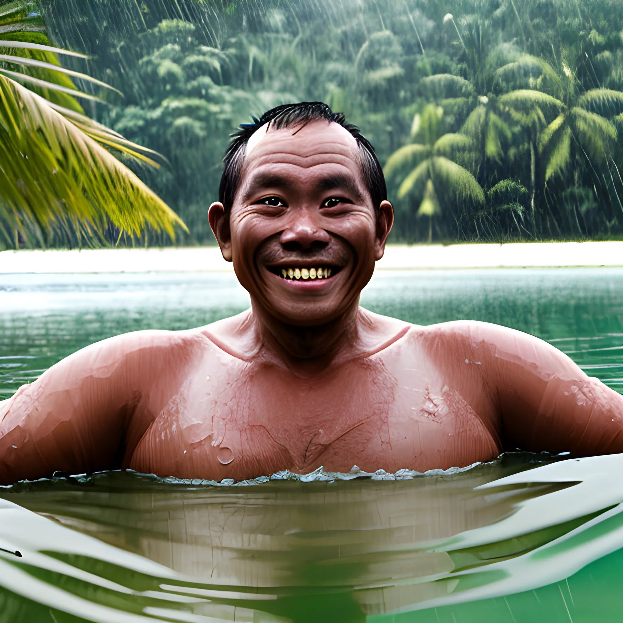 smiling strong man Oborobuku swimming in a tropical lake in tropical rain