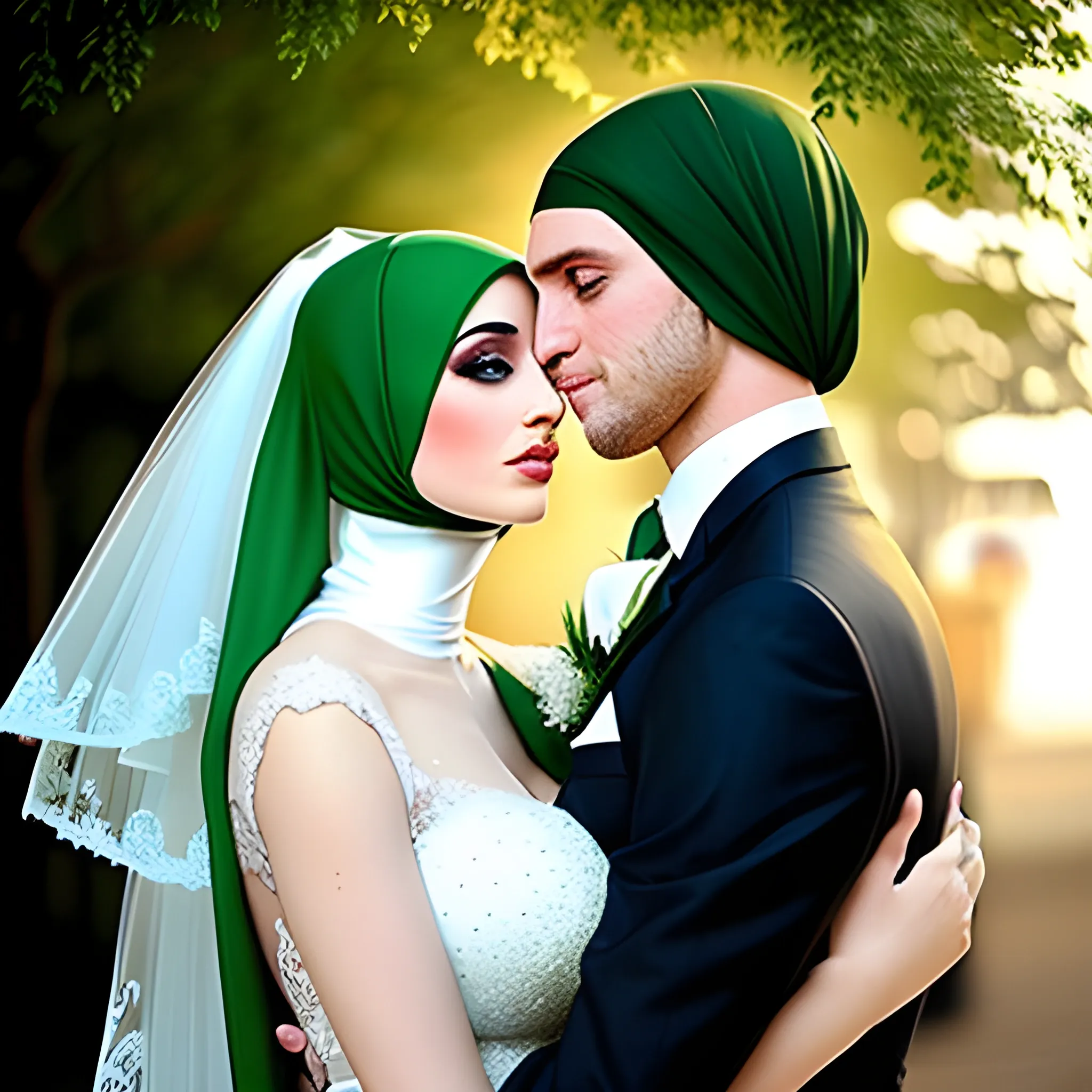 sexy hijab babe with  sexy bridal dress and green eyes kissing her european caucasian husband