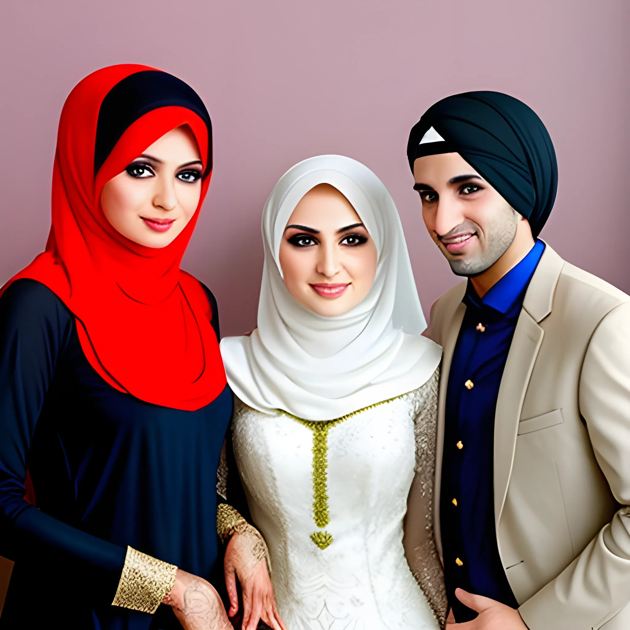 two hot hijabi brides in front of husbands friends
