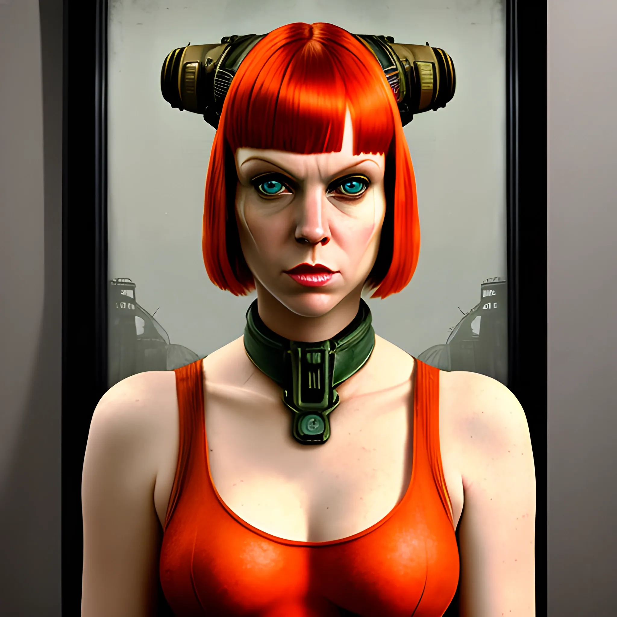 In the style of Fallout 1, (masterpiece), (portrait photography), (portrait of an adult Caucasian female), Leeloo from the 5th Element
