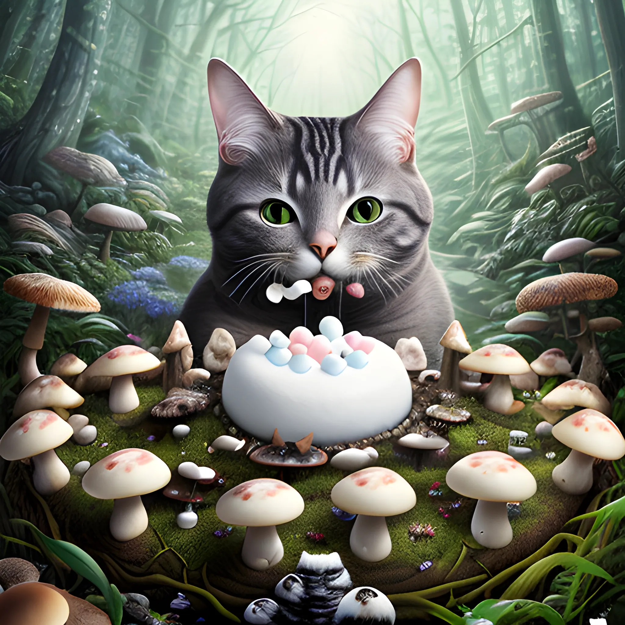 Photorealistic whole body image using Manabu ikeda art style of a fantasy-cat eating marshmallow in the mystical forest with lot of mushrooms. Cinematic. The point of view is wide. (High quality), (sharpened), mushrooms.