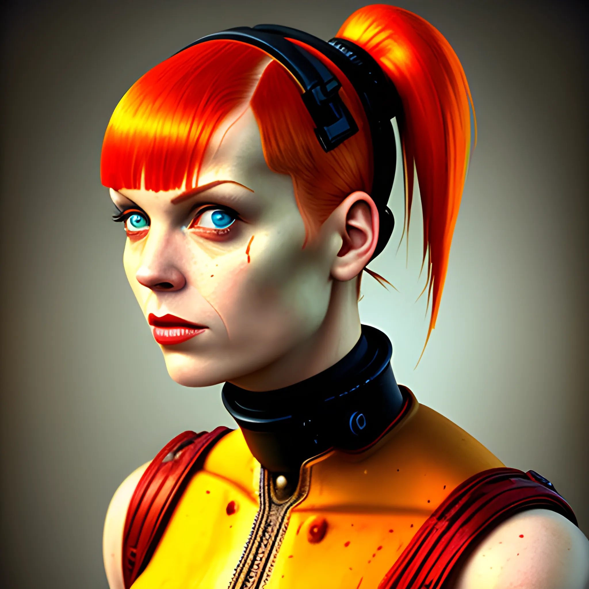 In the style of Fallout 1, (masterpiece), (portrait photography), (portrait of an adult Caucasian female), Leeloo from the 5th Element