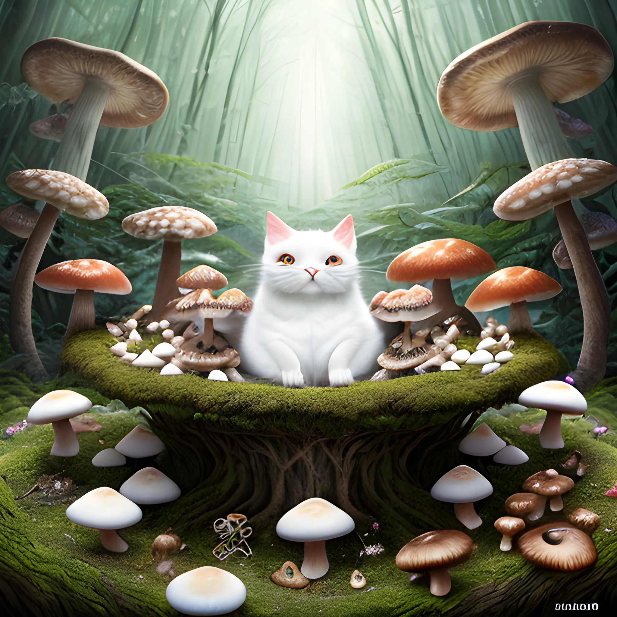 Photorealistic whole body image using Manabu ikeda art style of a fantasy-cat eating marshmallow in the mystical forest with lot of mushrooms. Cinematic. The point of view is wide. (High quality), (sharpened), mushrooms.