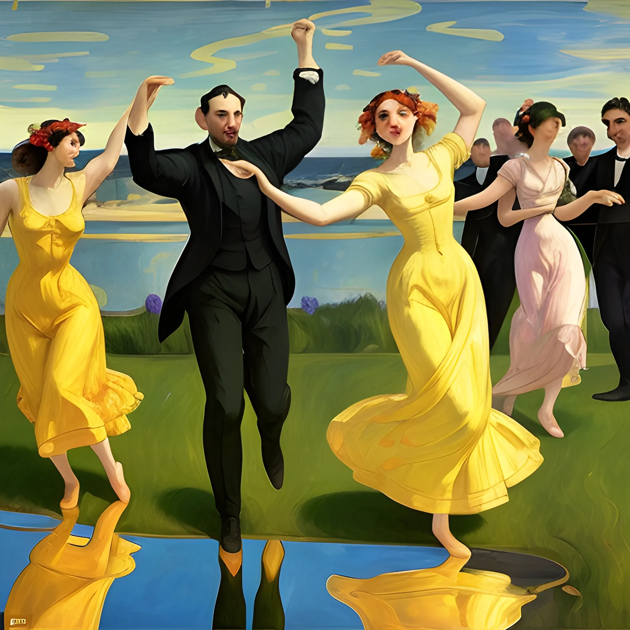 A painting of Women and men in the party looking happy dancing near a lake nice flowers around,  Style by artist  Joaquin Sorolla, Edvard Munch, Balthus, Valencian luminism, golden ratio, intricate, Inspired  by Sir Frederic Leighton, Whimsical illustrations, ominous, highly detailed,
