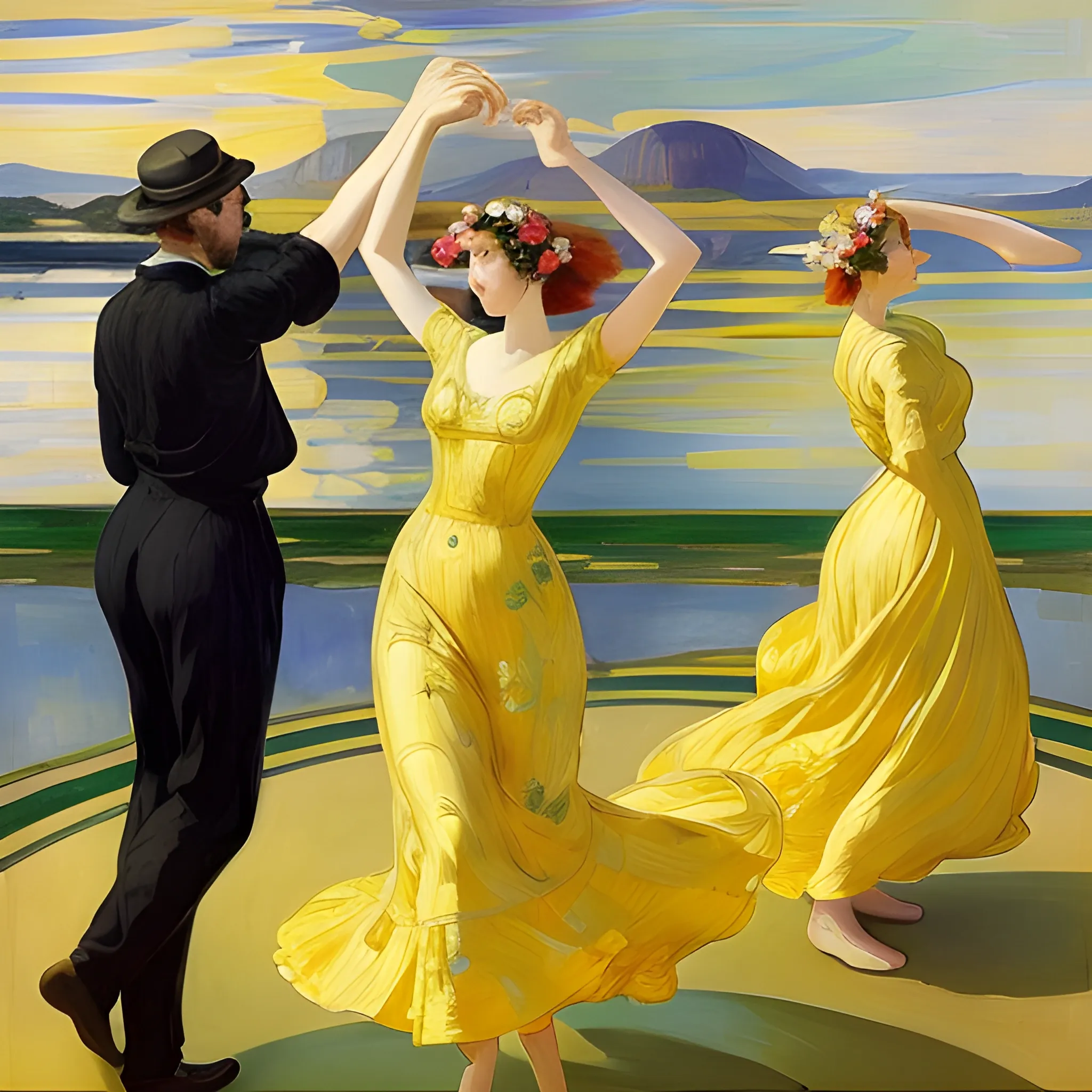 A painting of Women and men in the party looking happy dancing near a lake nice flowers around,  Style by artist  Joaquin Sorolla, Edvard Munch, Valencian luminism, golden ratio, intricate, Inspired  by Sir Frederic Leighton, Whimsical illustrations, ominous, highly detailed,
