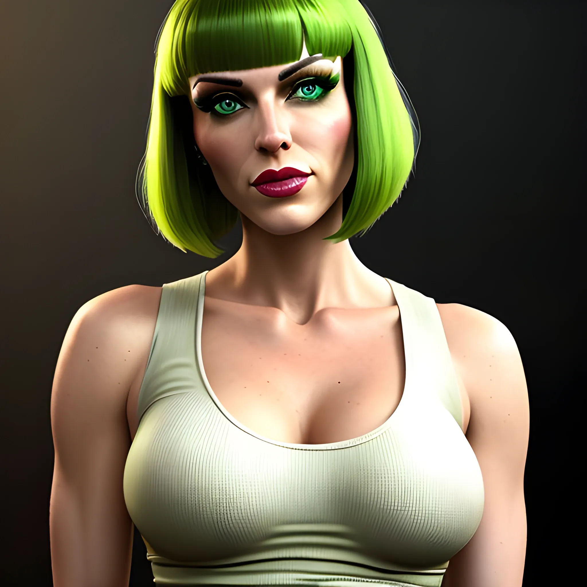 In the style of Fallout 1, (masterpiece), (portrait photography), (portrait of an adult Caucasian female), Leeloo from the 5th Element, choppy bob hairstyle, bob hairstyle, green eyes, white tanktop, small bust