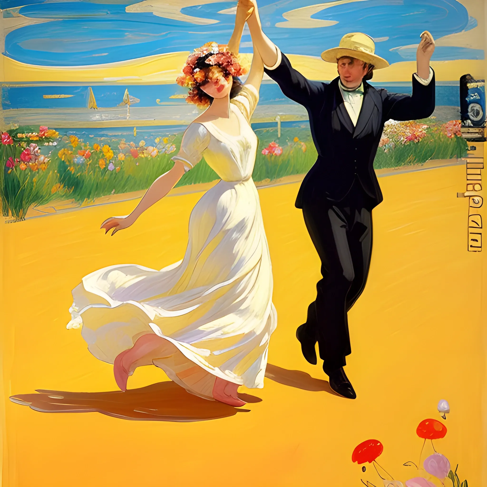 A painting of Women and men in the party looking happy dancing near a lake and nice flowers under their feet, in Style like  Joaquin Sorolla, Edvard Munch, Valencian luminism, brush strokes, golden ratio, intricate, Inspired  by Sir Frederic Leighton, Whimsical illustrations, highly detailed, ideal body
