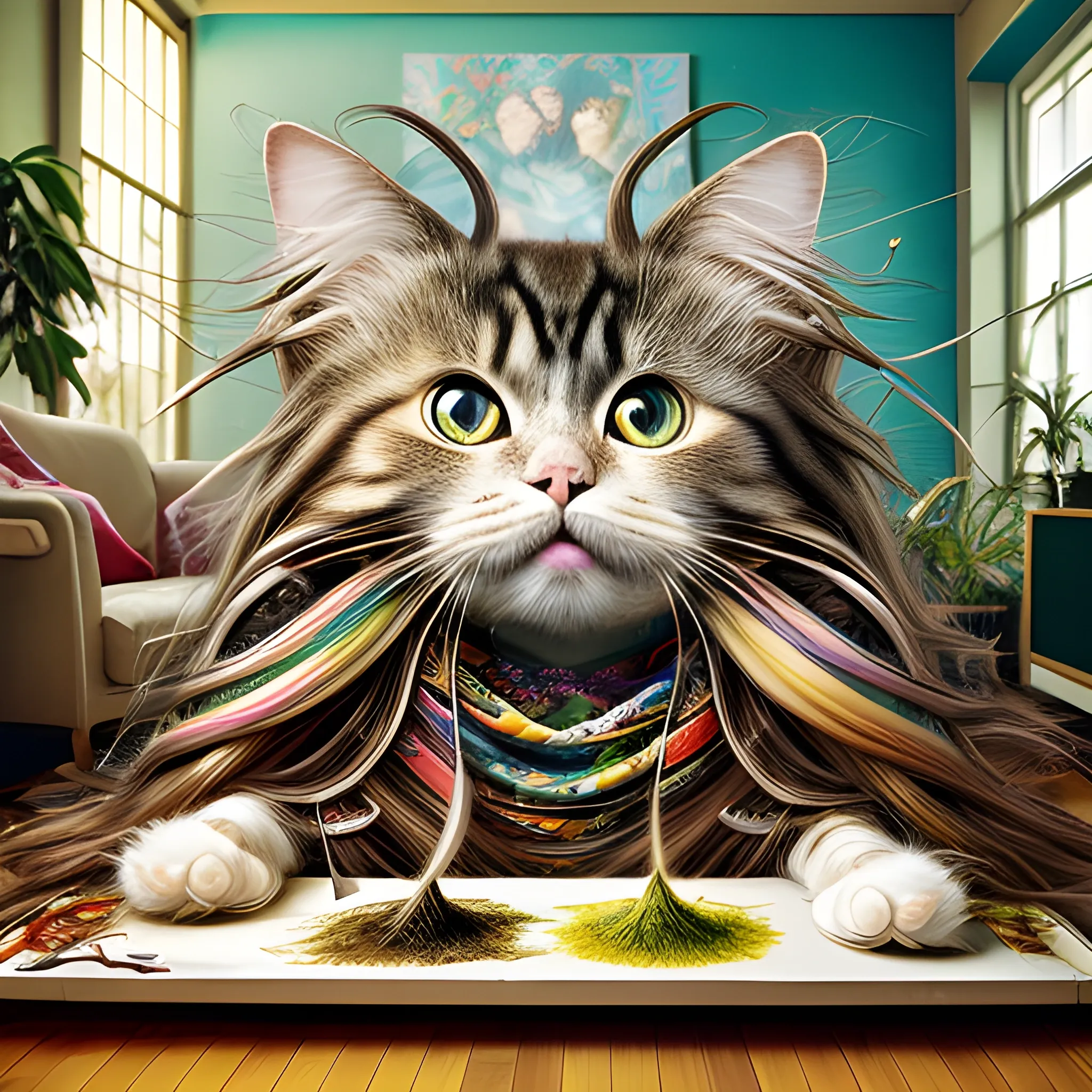 Photorealistic portrait using Manabu Ikeda art style of a silly long-haired cat in the hippie-style living room. Cinematic. (High quality), (sharpened),