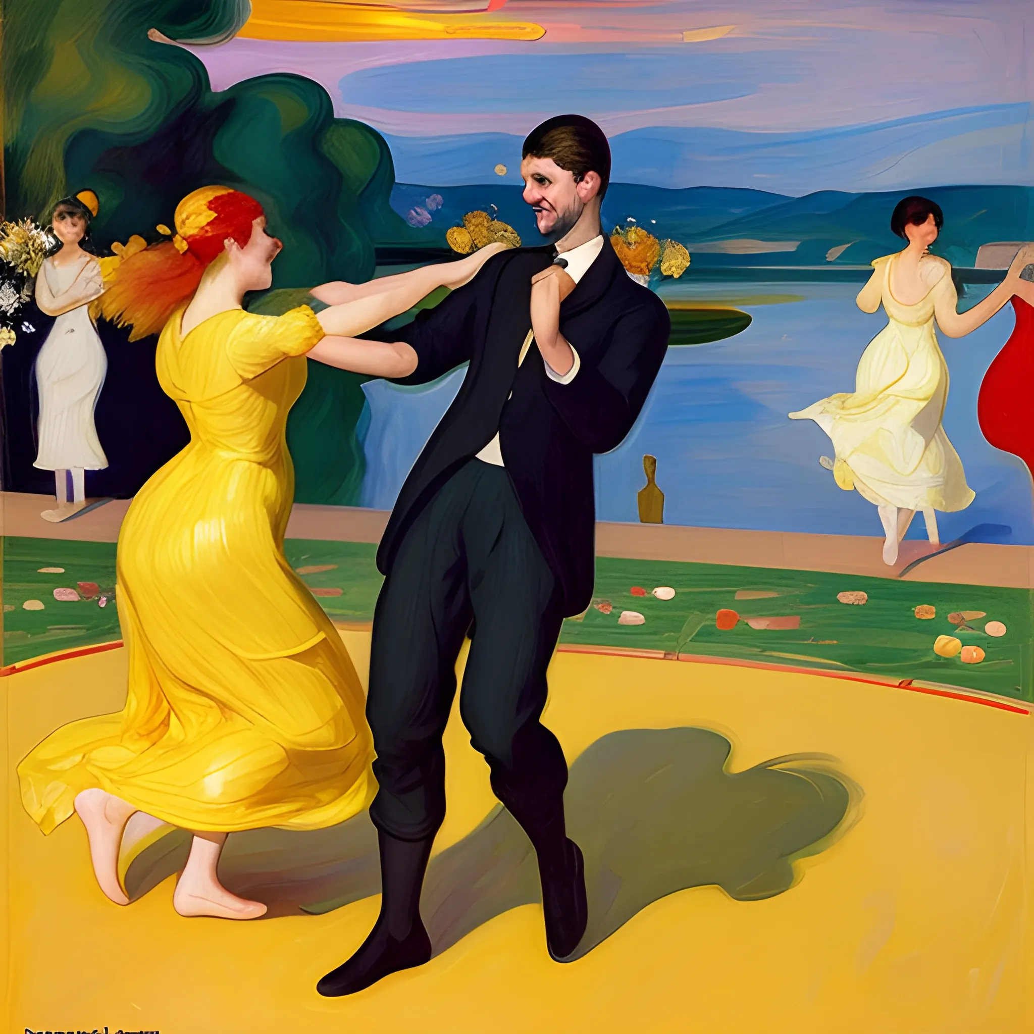 A painting of Women and men in the party looking happy dancing n 