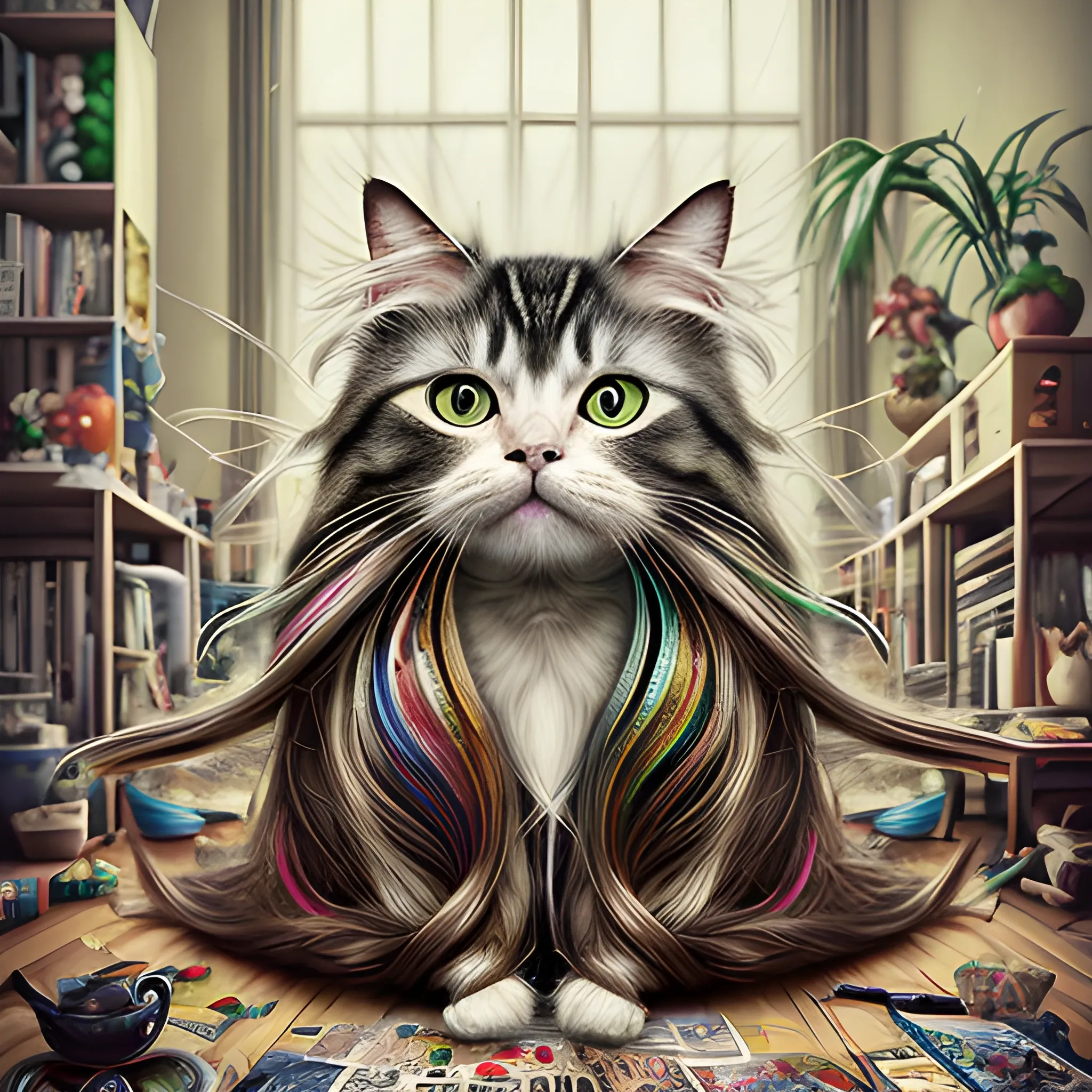 Photorealistic portrait using Manabu Ikeda art style of a silly long-haired cat in the hippie-style living room. Cinematic. (High quality), (sharpened),, 3D