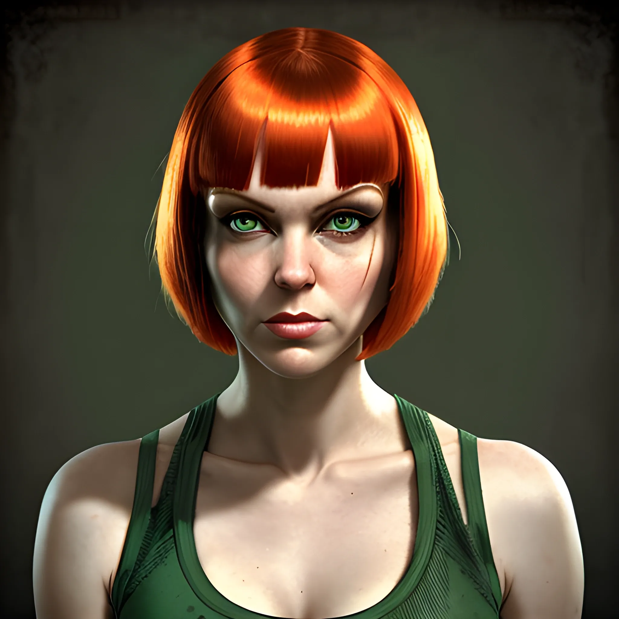 In the style of Fallout 1, (masterpiece), (portrait photography), (portrait of an adult Caucasian female), Leeloo from the 5th Element, choppy bob hairstyle, bob hairstyle, green eyes, white tanktop, exposed midriff