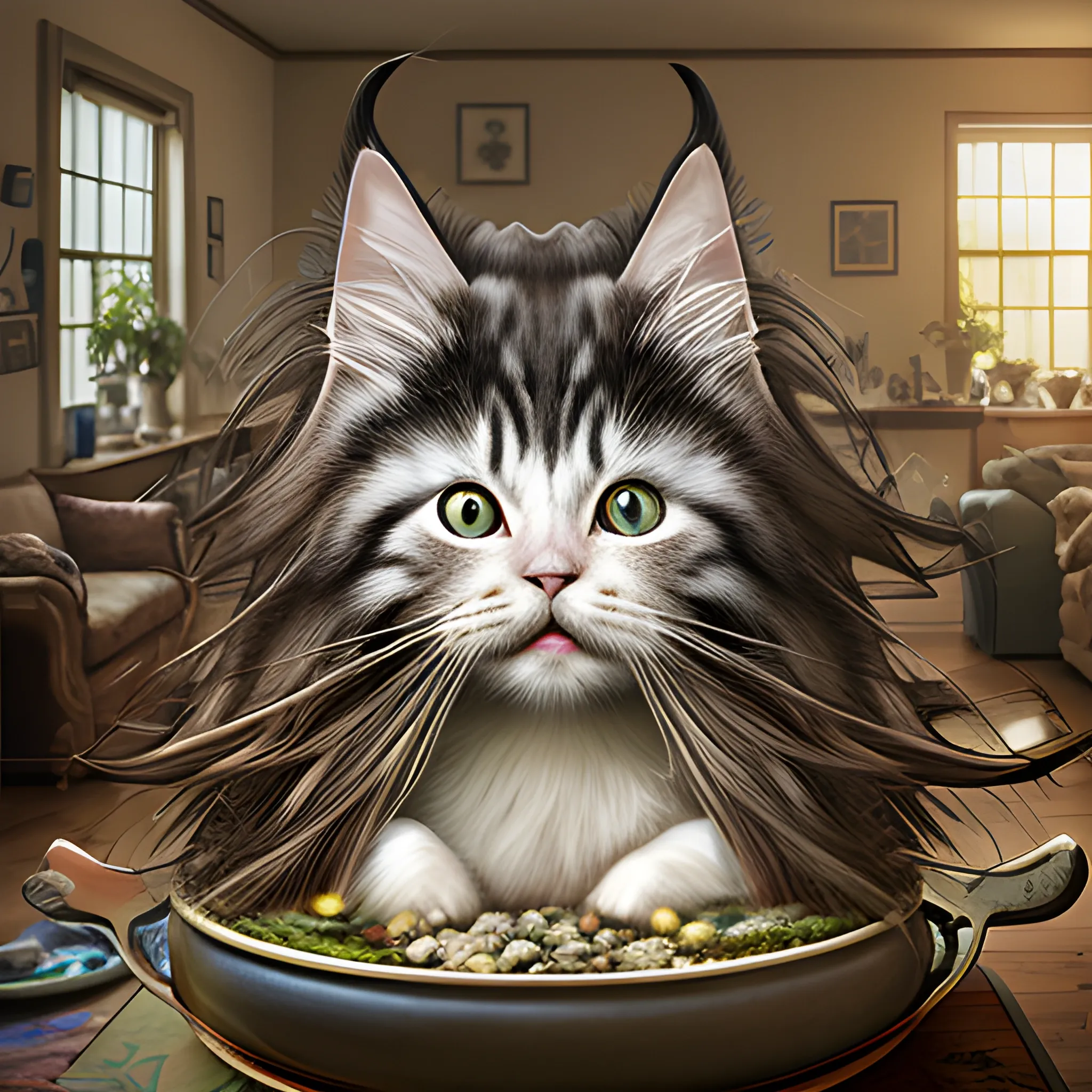 Photorealistic portrait using Manabu Ikeda art style of a silly long-haired cat in the farmer-style living room. Cinematic. (High quality), (sharpened),, 3D