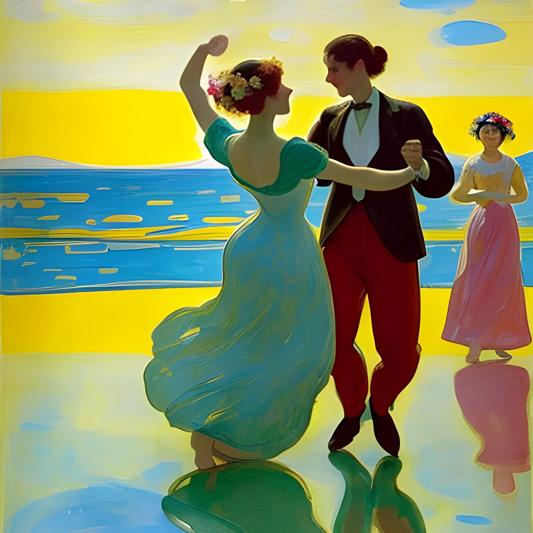 A painting of Women and men in the party looking happy dancing near a lake and nice flowers under their feet, in Style like Joaquin Sorolla, Edvard Munch, Valencian luminism, brush strokes, golden ratio, intricate, Inspired by Sir Frederic Leighton, Whimsical illustrations, highly detailed, ideal body

, Water Color