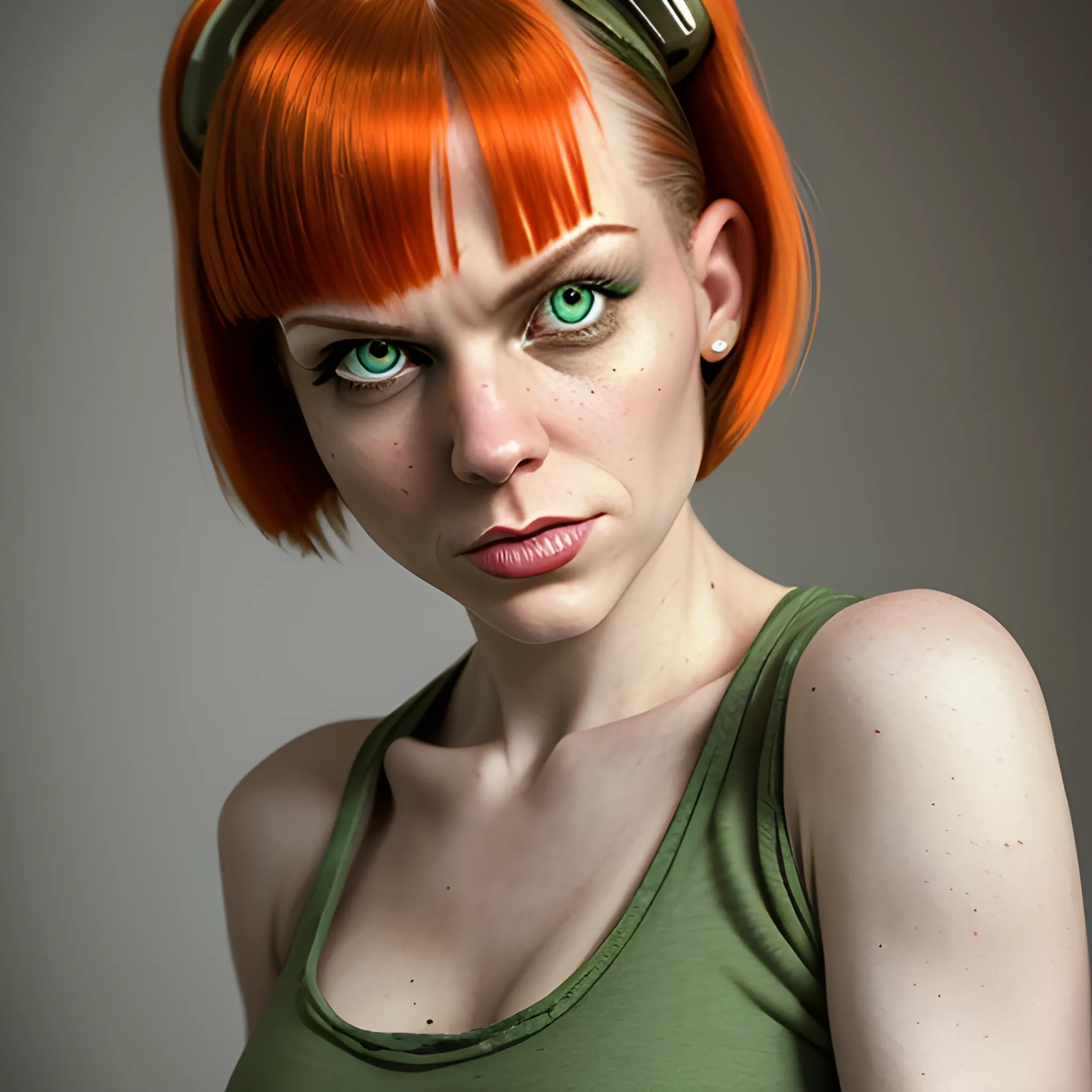 In the style of Fallout 1, (masterpiece), (portrait photography), (portrait of an adult Caucasian female), Leeloo from the 5th Element, choppy bob hairstyle, bob hairstyle, green eyes, white tanktop, exposed midriff