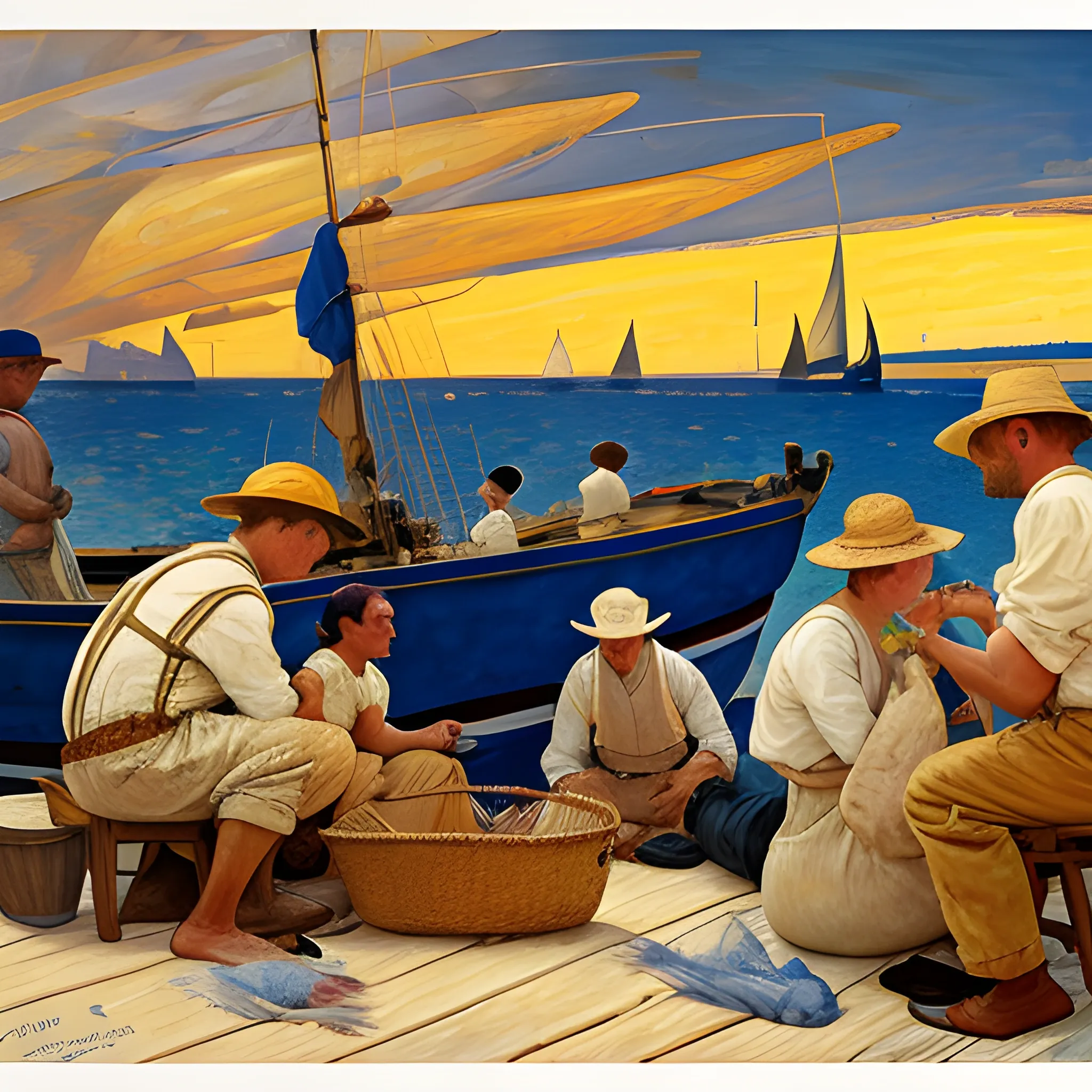 A painting of a group fishermen near their boat fixing the fishing net together, in Style like 
Norman Rockwell, Joaquin Sorolla, Edvard Munch, Valencian luminism, brush strokes, golden ratio, intricate, Inspired by Sir Frederic Leighton, Whimsical illustrations, highly detailed, ideal body

