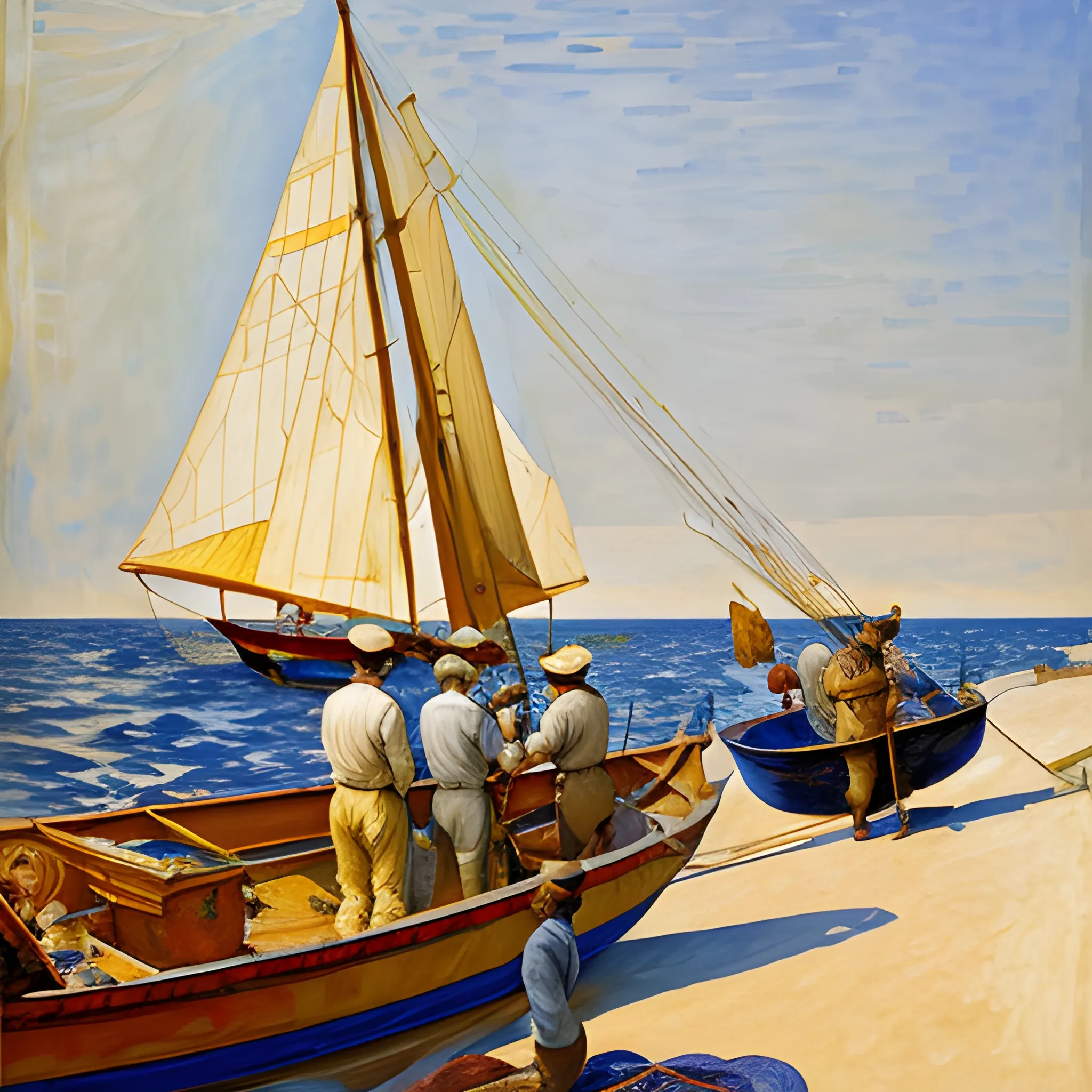 A painting of a group fishermen near their boat fixing the fishing net together, in Style like 
Norman Rockwell, Joaquin Sorolla, Edvard Munch, Valencian luminism, Claude Monet brush strokes, golden ratio, intricate, Inspired by Sir Frederic Leighton, Whimsical illustrations, highly detailed, ideal body, minimalist shapes

