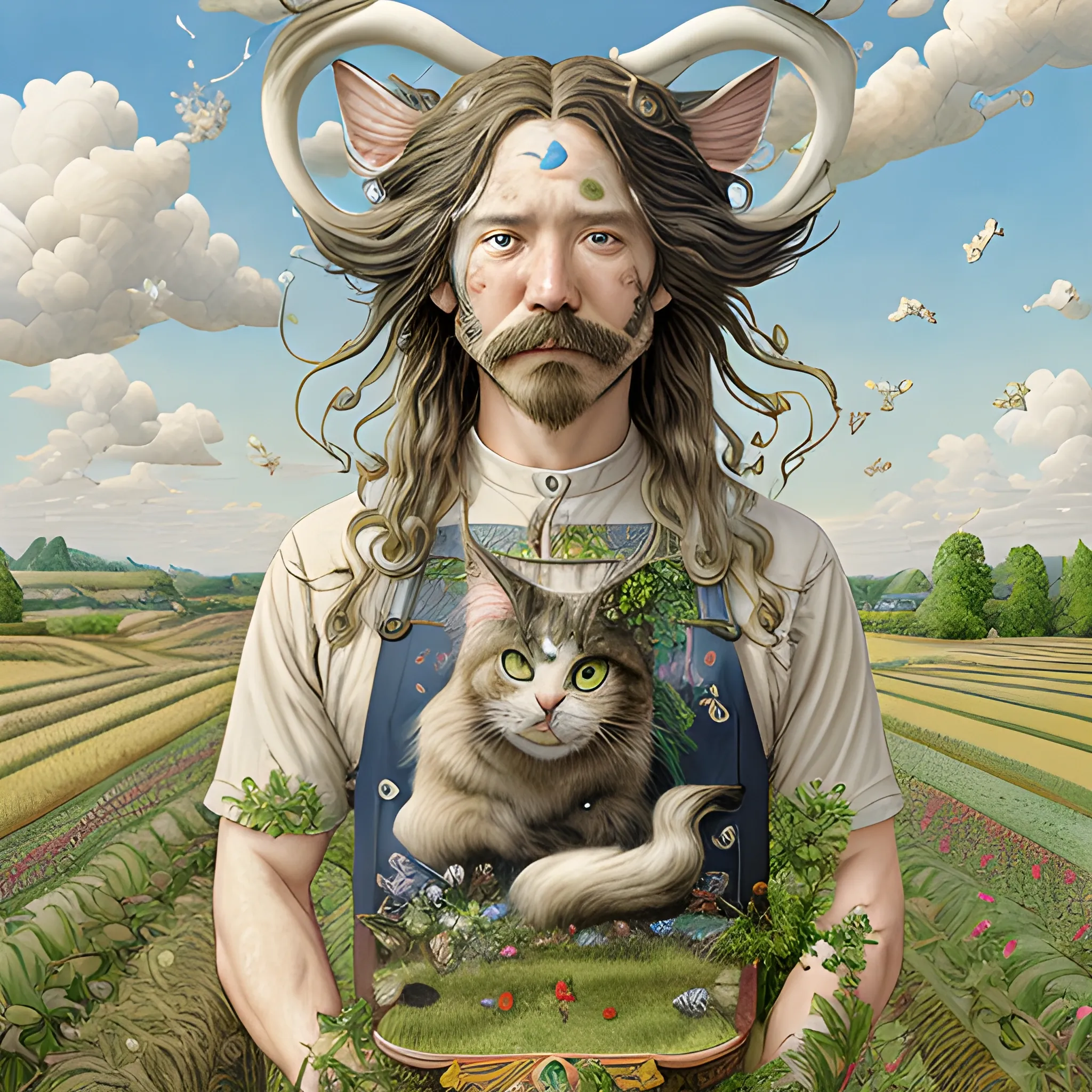 Art Nouveau painting, true aesthetics, Manabu Ikeda art, of a silly long-haired farmer-cat in the countryside during late summer. Hot sweaty weather. Cinematic. (High quality), (sharpened), 3D