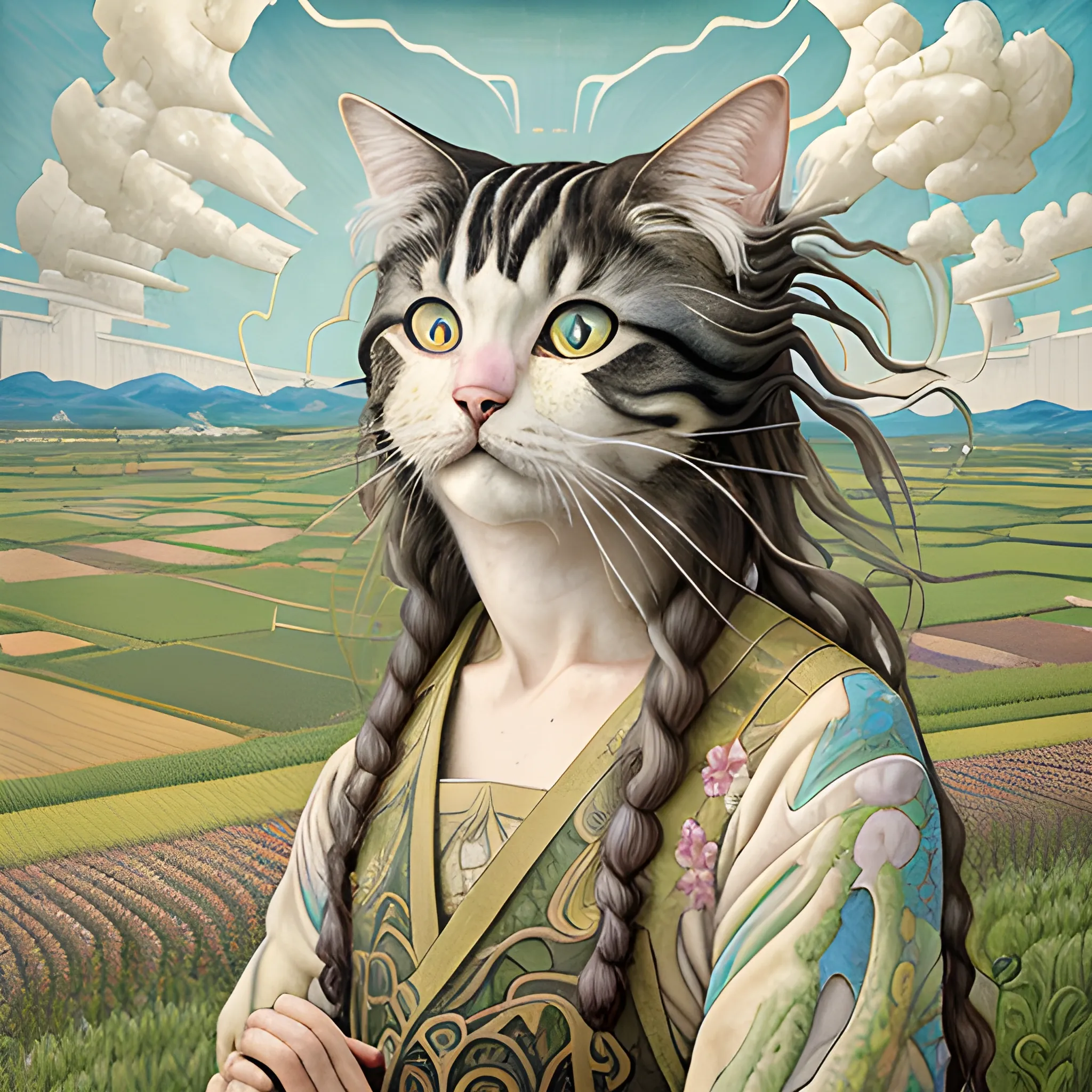 Art Nouveau painting, true aesthetics, Manabu Ikeda style of art, of a silly long-haired farmer-cat in the countryside during late summer. Hot sweaty weather. Cinematic. (High quality), (sharpened), 3D