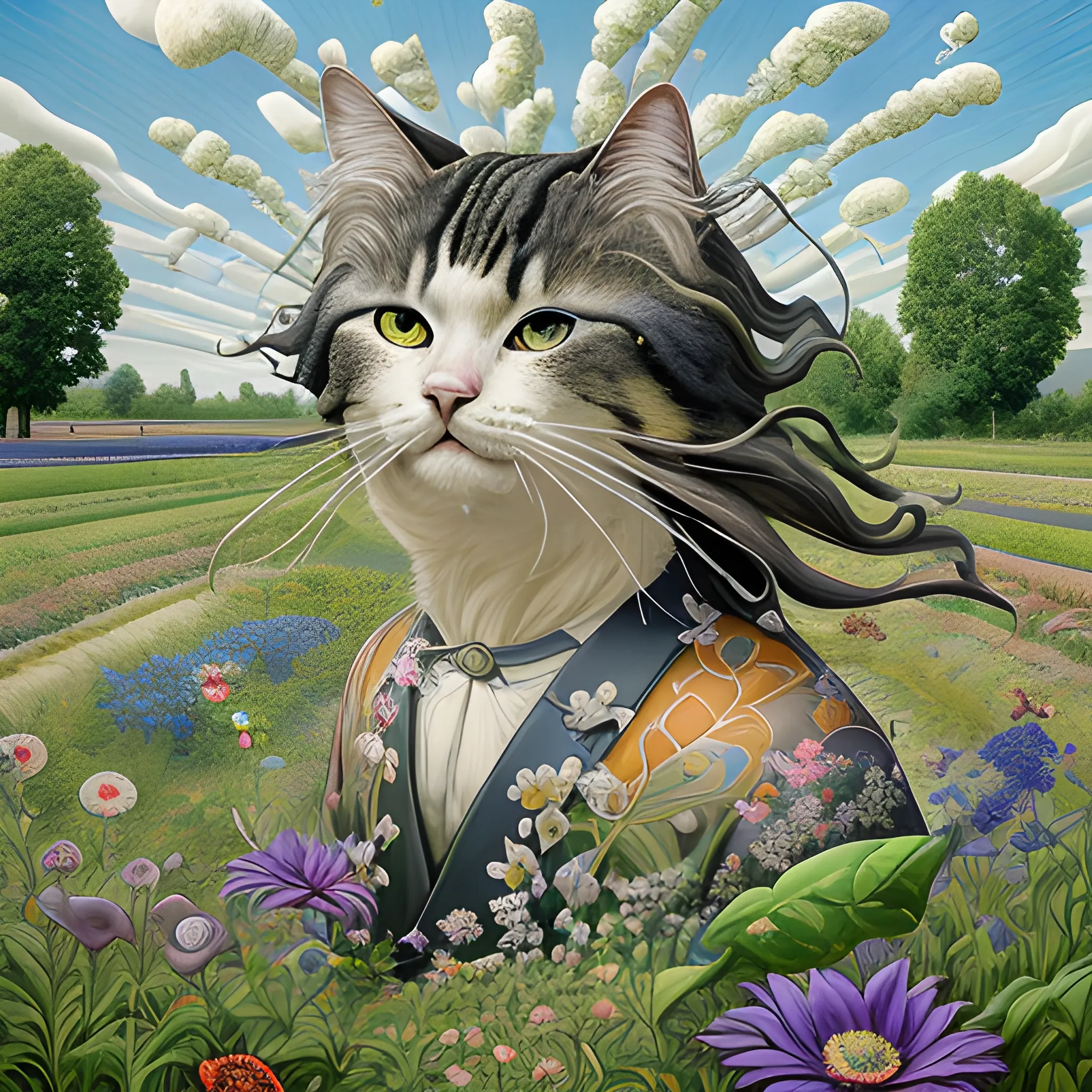 Art Nouveau painting, true aesthetics, Manabu Ikeda style of art, of a silly long-haired farmer-cat in the countryside during late summer. Hot sweaty weather. Cinematic. (High quality), (sharpened), 3D