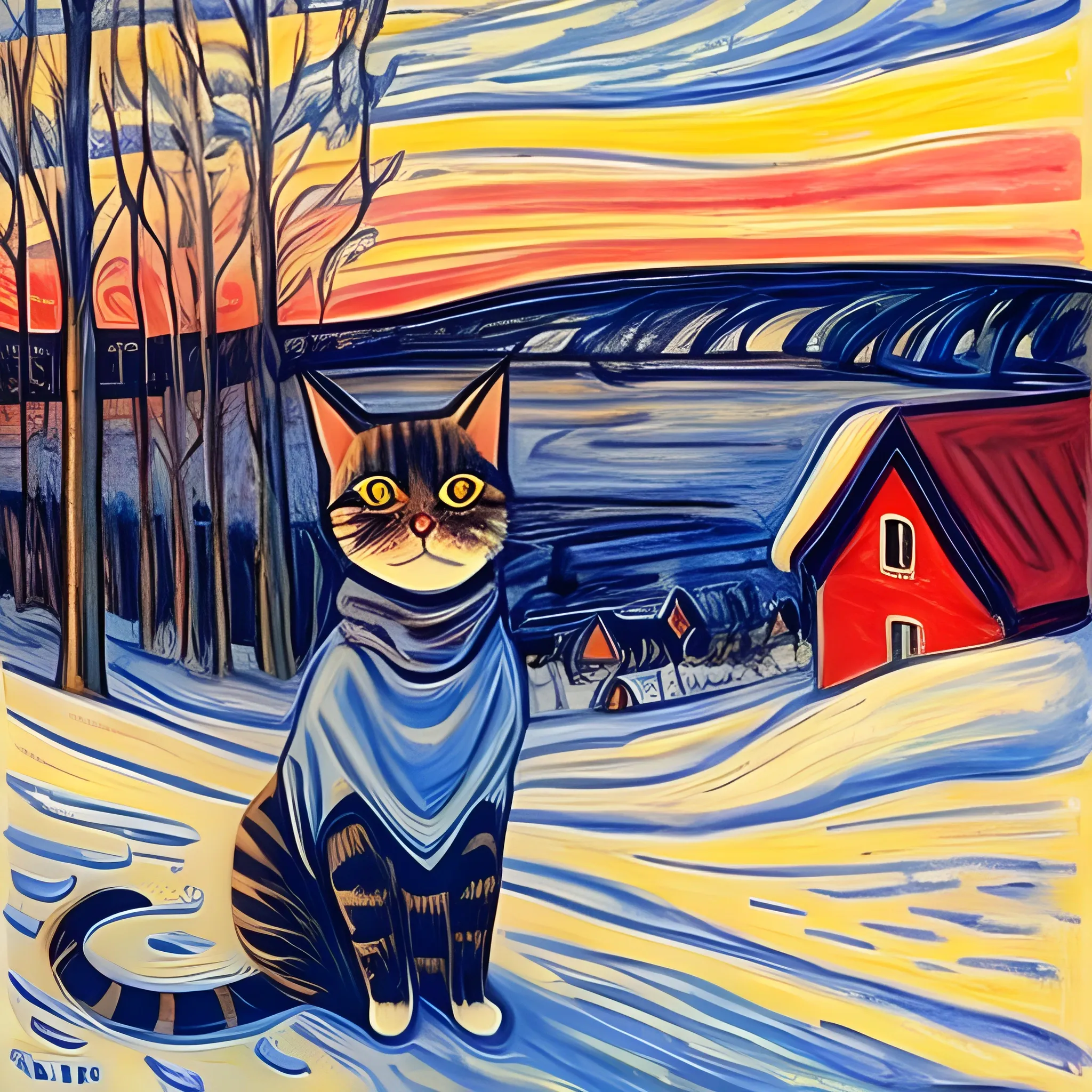 An Edward Munch inspired painting of a basic cat in the Finland landscape. Winter clothes. Higly detailed.