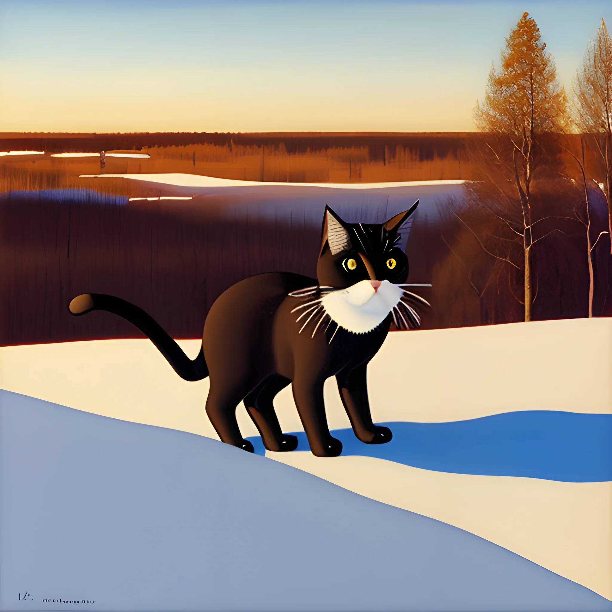 An Hugo Simberg inspired painting of a basic cat in the Finland landscape. Winter clothes. Higly detailed.